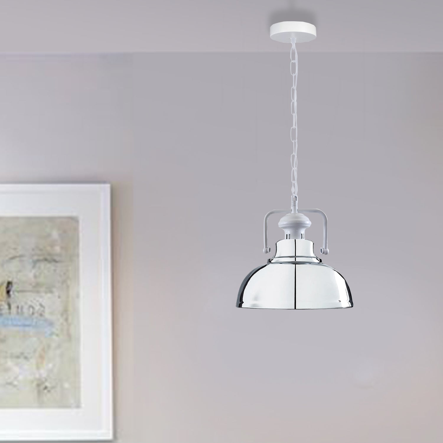Stylish white metal barn pendant light with adjustable chain, perfect for indoor lighting.