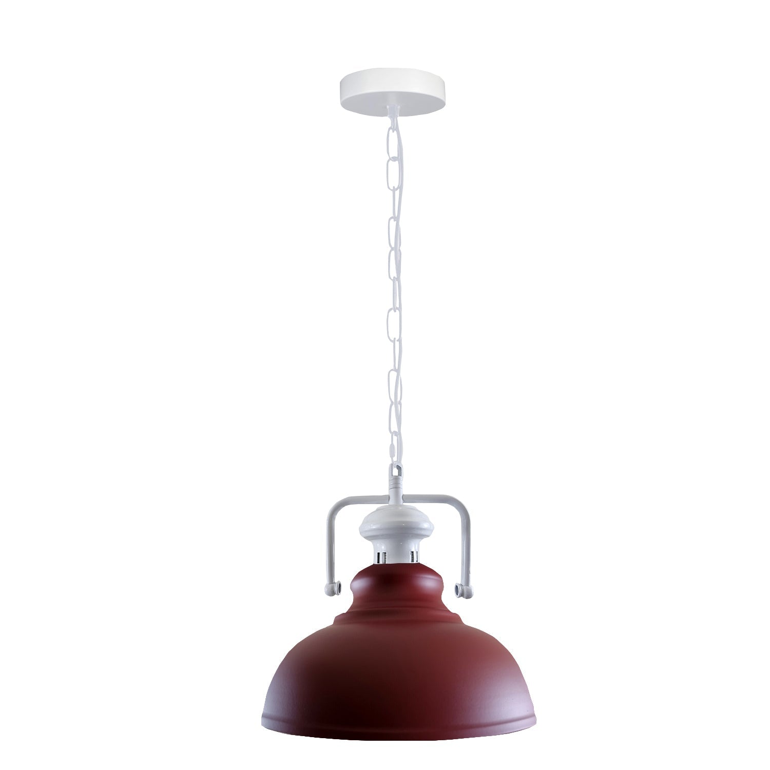 Stylish white metal barn pendant light with adjustable chain, perfect for indoor lighting.