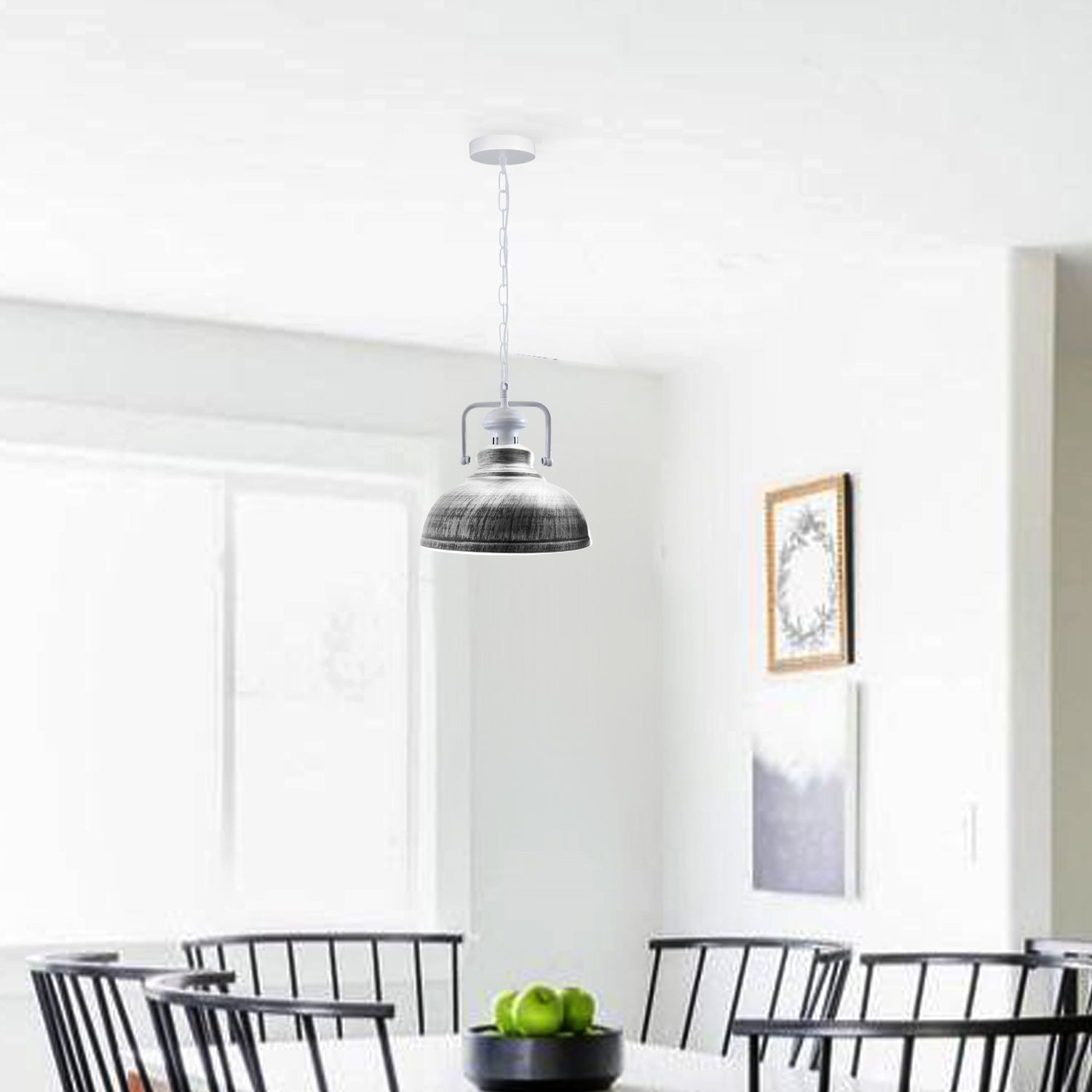 Stylish white metal barn pendant light with adjustable chain, perfect for indoor lighting.