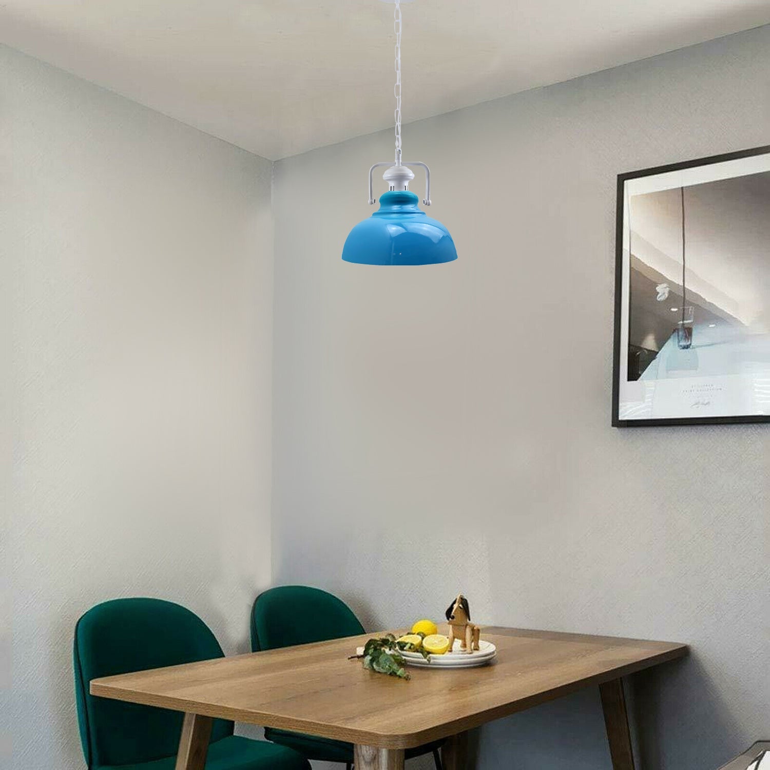 Stylish white metal barn pendant light with adjustable chain, perfect for indoor lighting.