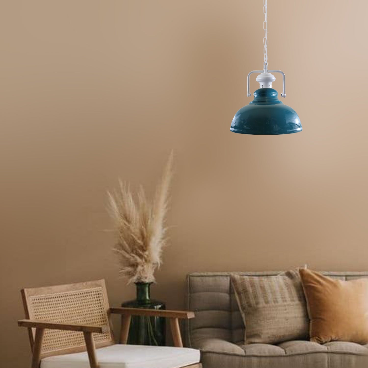 Stylish white metal barn pendant light with adjustable chain, perfect for indoor lighting.