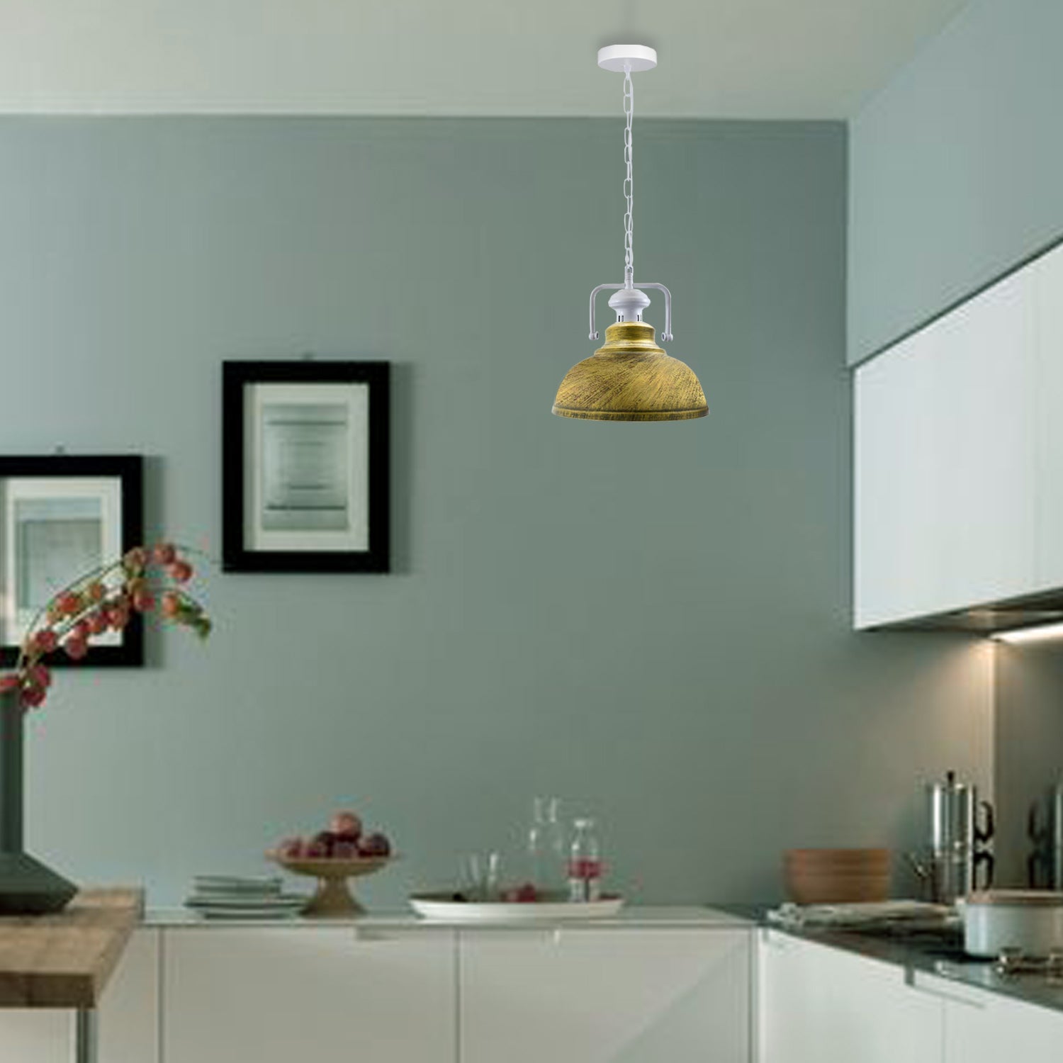 Stylish white metal barn pendant light with adjustable chain, perfect for indoor lighting.