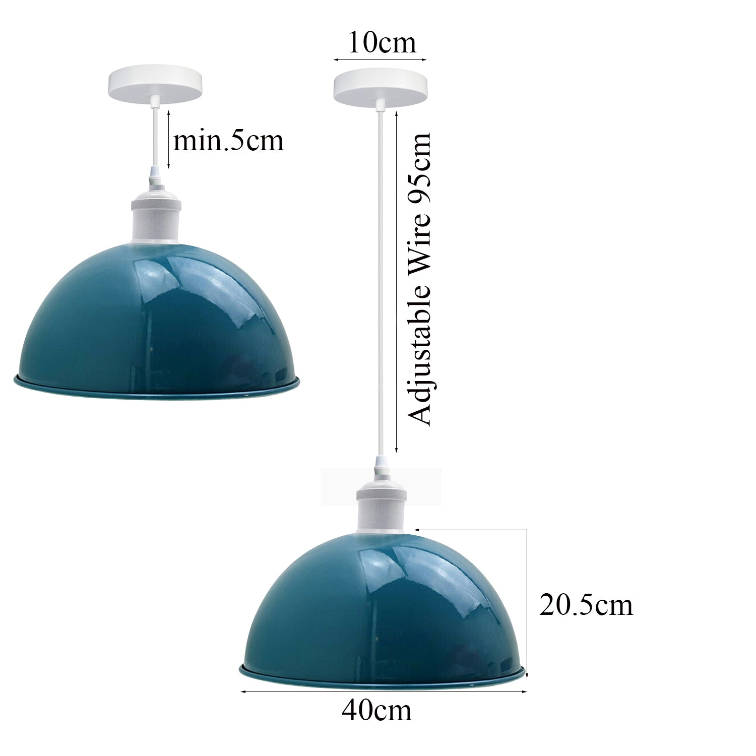 Two Dome Blue Pendant Lights with metal shades, showcasing a modern design suitable for kitchens and dining areas.