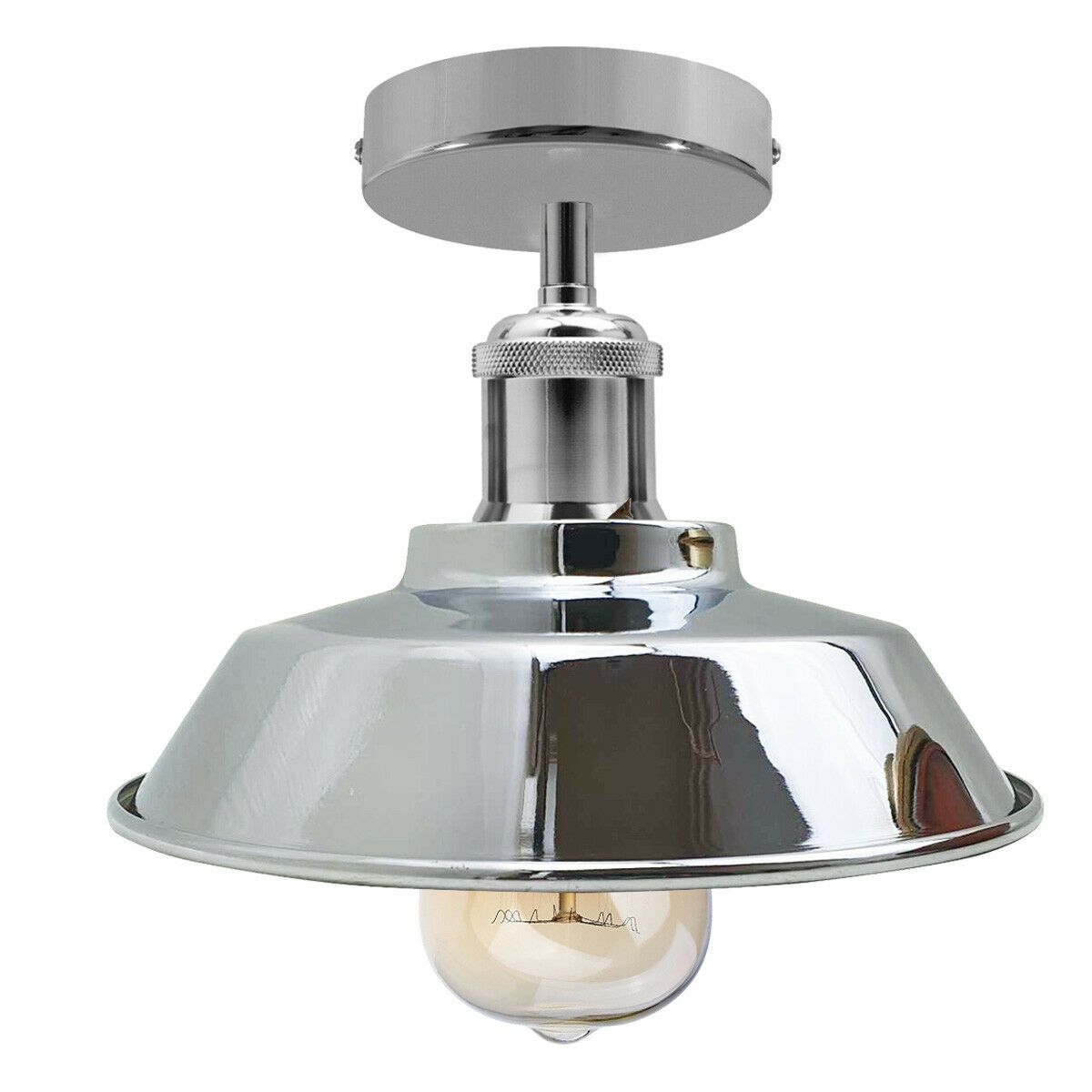 Industrial vintage ceiling light with a chrome finish, featuring a flush mount design and E27 lamp base, ideal for retro home decor.