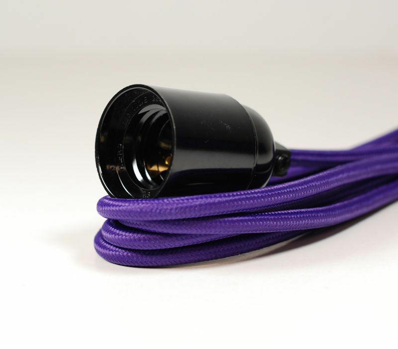 Purple 2m Plug In Pendant Set with E27 holder and braided fabric flex cable, perfect for modern lighting solutions.