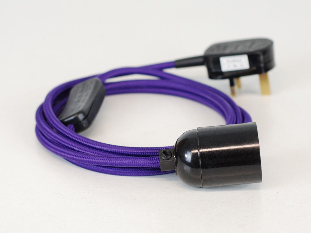 Purple 2m Plug In Pendant Set with E27 holder and braided fabric flex cable, perfect for modern lighting solutions.