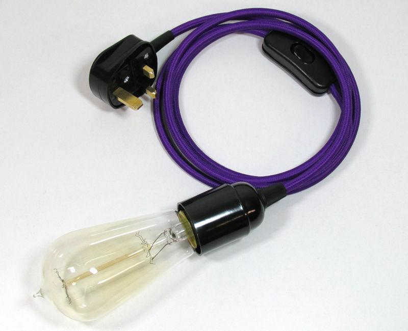 Purple 2m Plug In Pendant Set with E27 holder and braided fabric flex cable, perfect for modern lighting solutions.