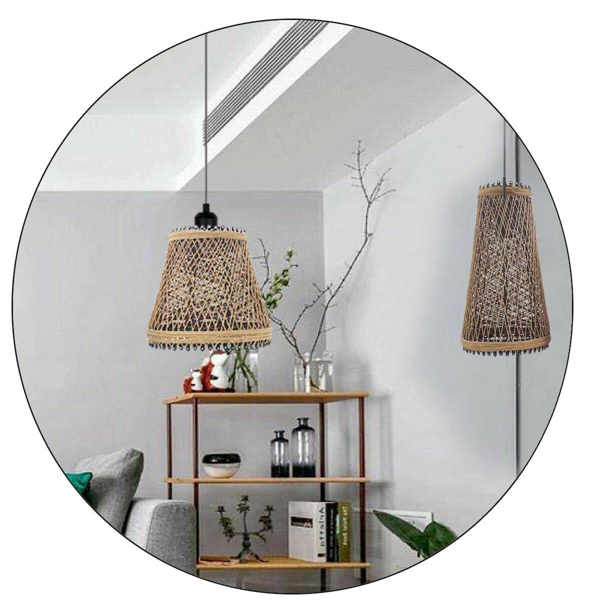 Rattan Wicker Ceiling Pendant Light Shade with a stylish design, perfect for antique décor, featuring a brown and black color scheme.
