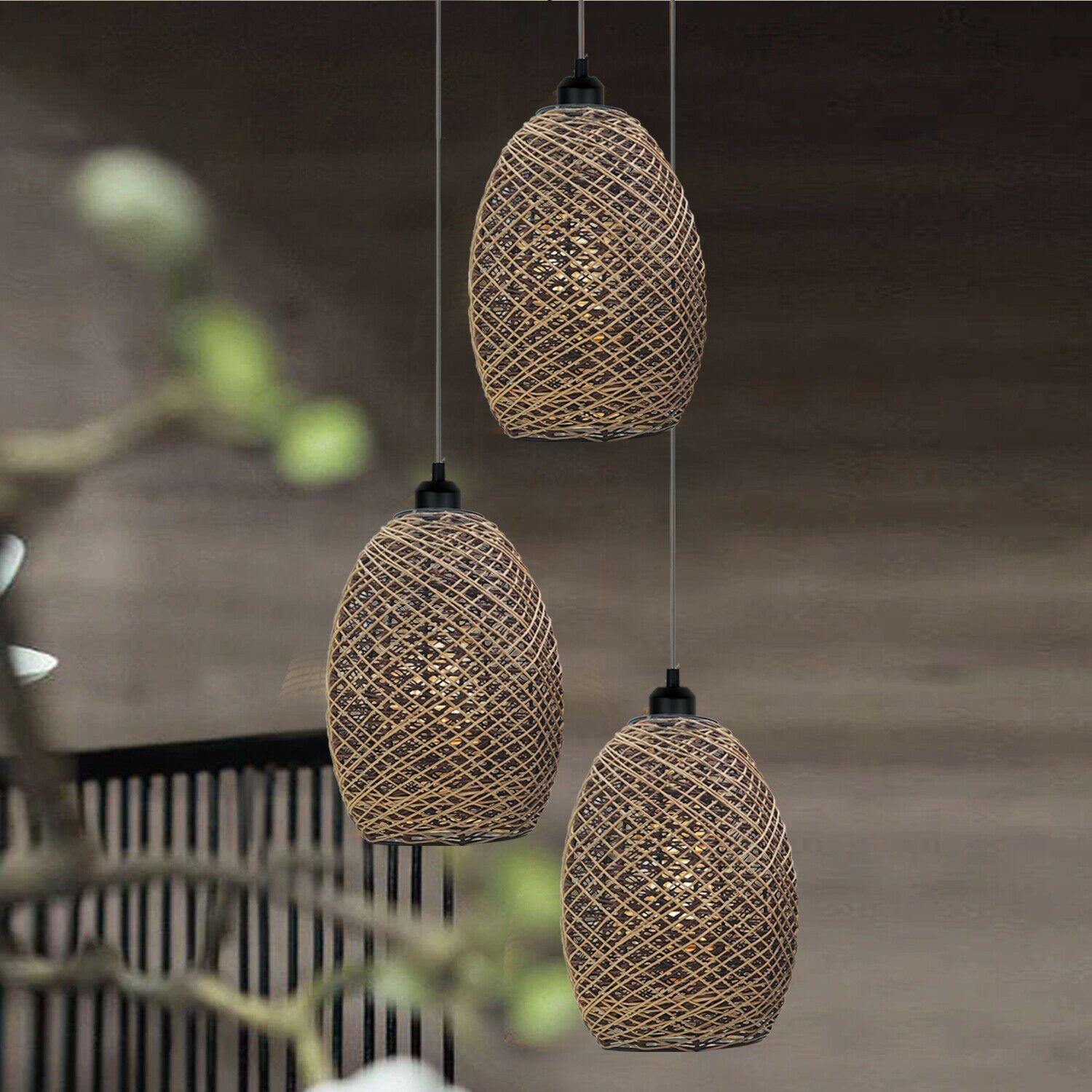 Rattan Wicker Ceiling Pendant Light Shade with a stylish design, perfect for antique décor, featuring a brown and black color scheme.