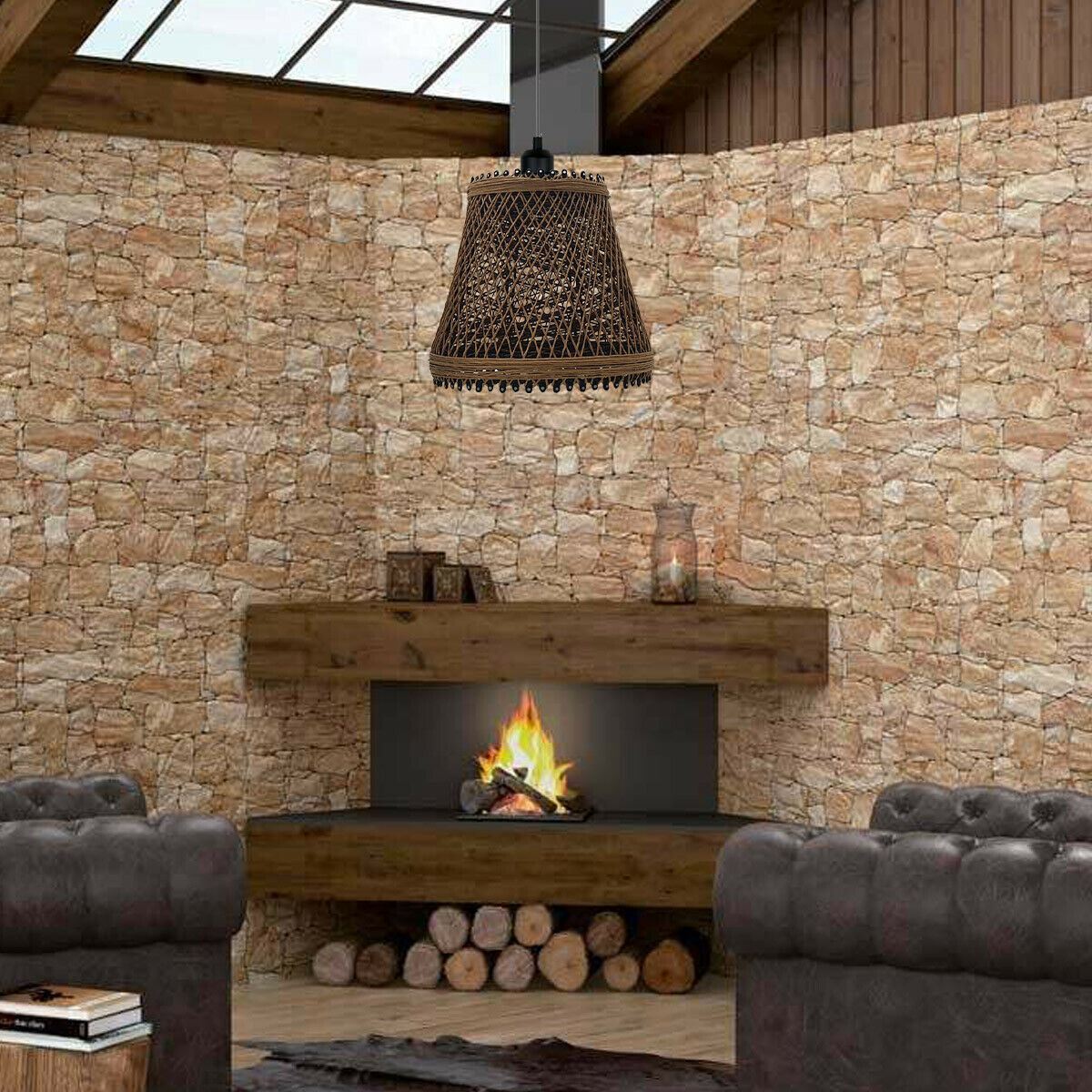 Rattan Wicker Ceiling Pendant Light Shade with a stylish design, perfect for antique décor, featuring a brown and black color scheme.