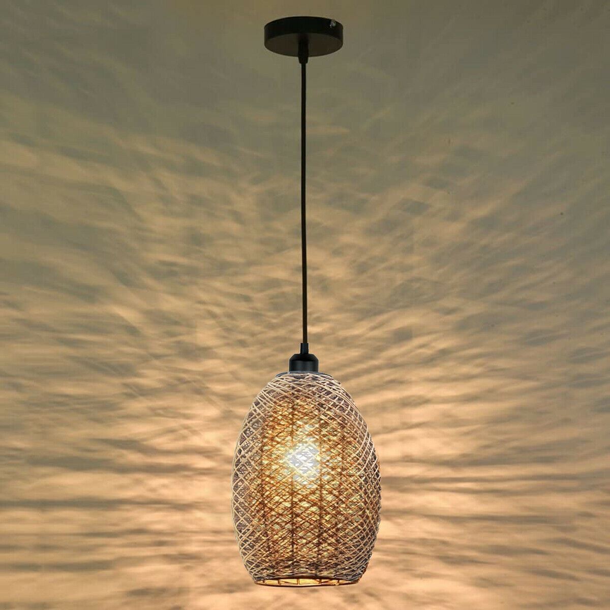Rattan Wicker Ceiling Pendant Light Shade with a stylish design, perfect for antique décor, featuring a brown and black color scheme.