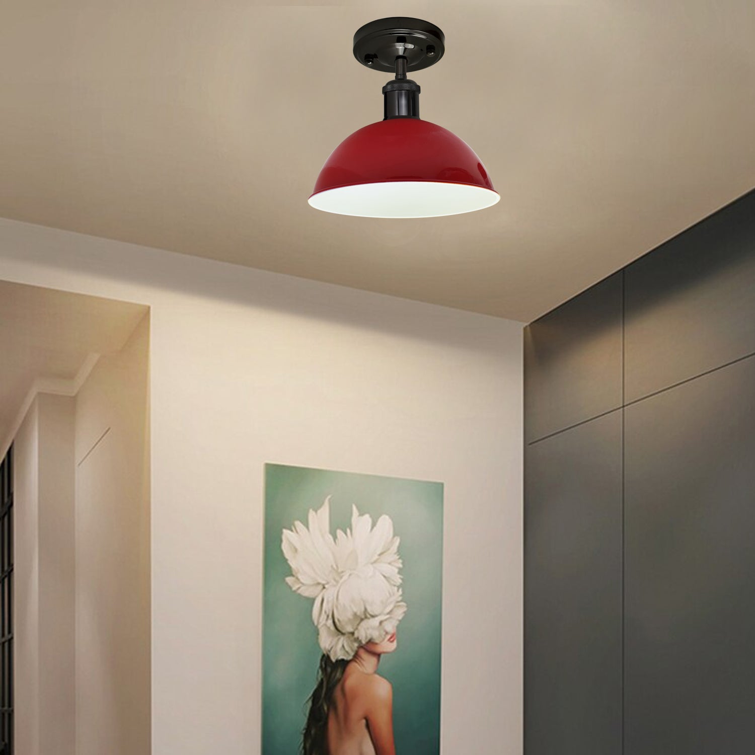 Red Semi-Flush Ceiling Light with shiny black accents, perfect for modern home decor.
