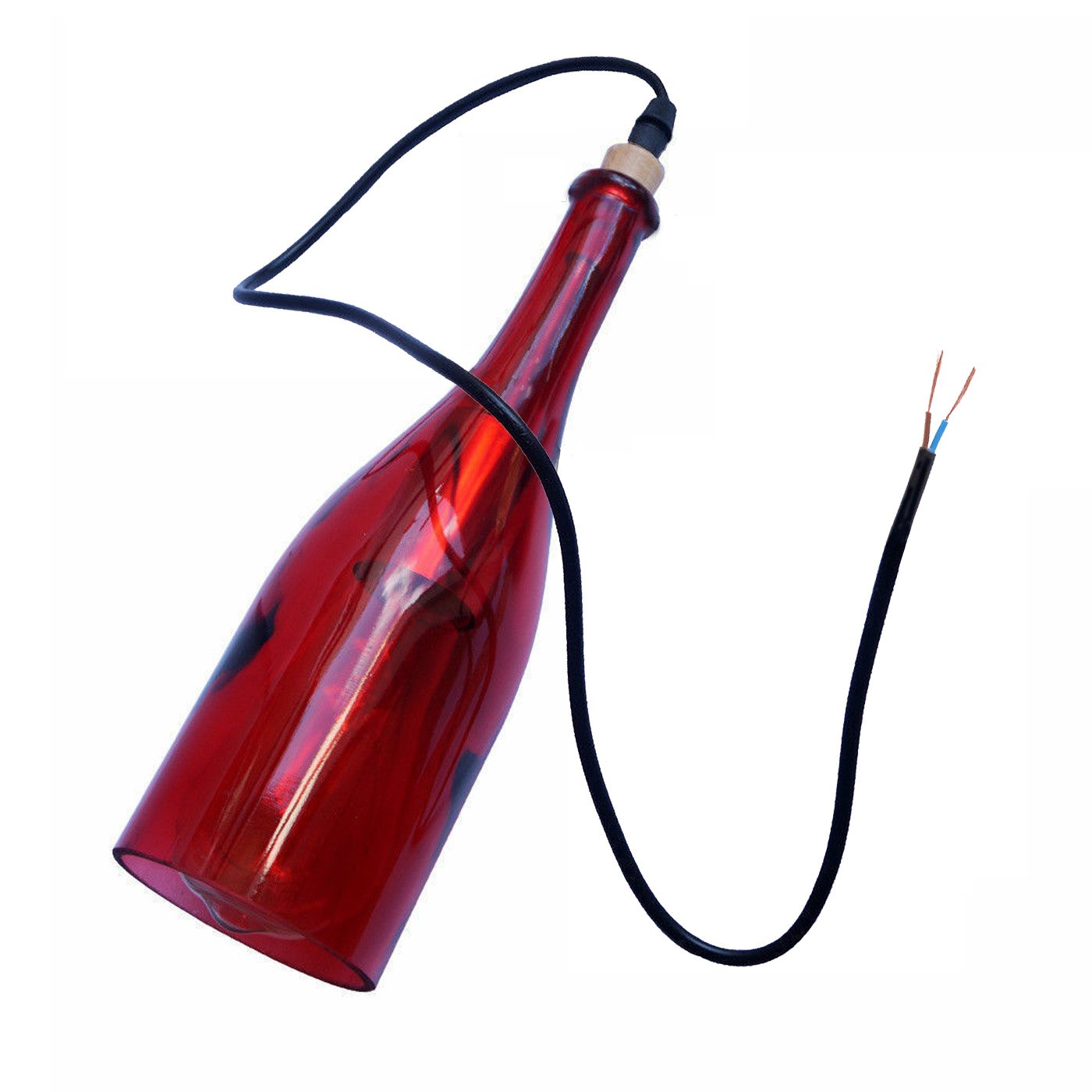 A stunning Red Wine Bottle Pendant Chandelier featuring cascading recycled glass bottles in vibrant red, with antique gilt hardware and black wiring.