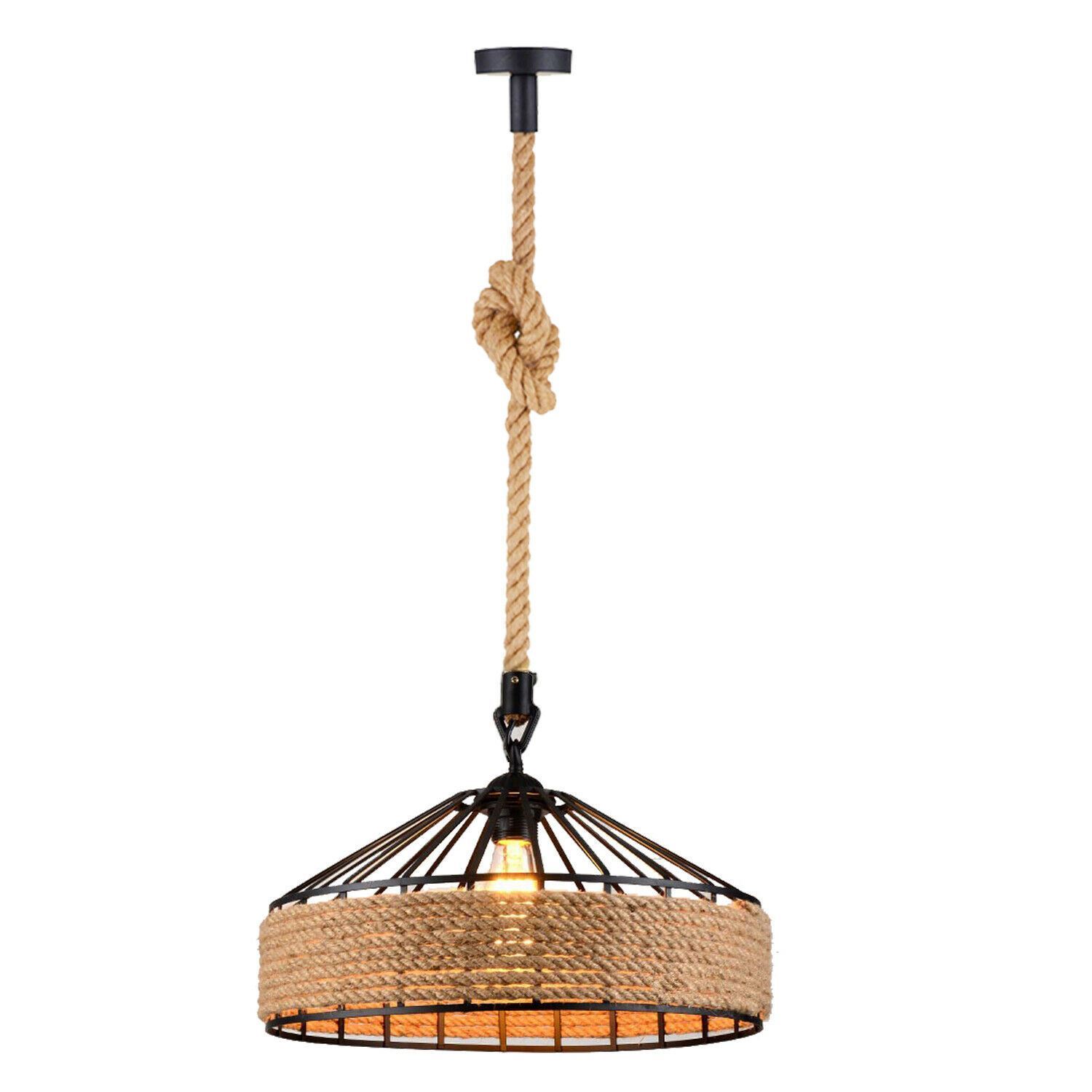 Retro Hemp Rope Pendant Light showcasing a woven hemp lampshade and iron holder, perfect for vintage-style decor.