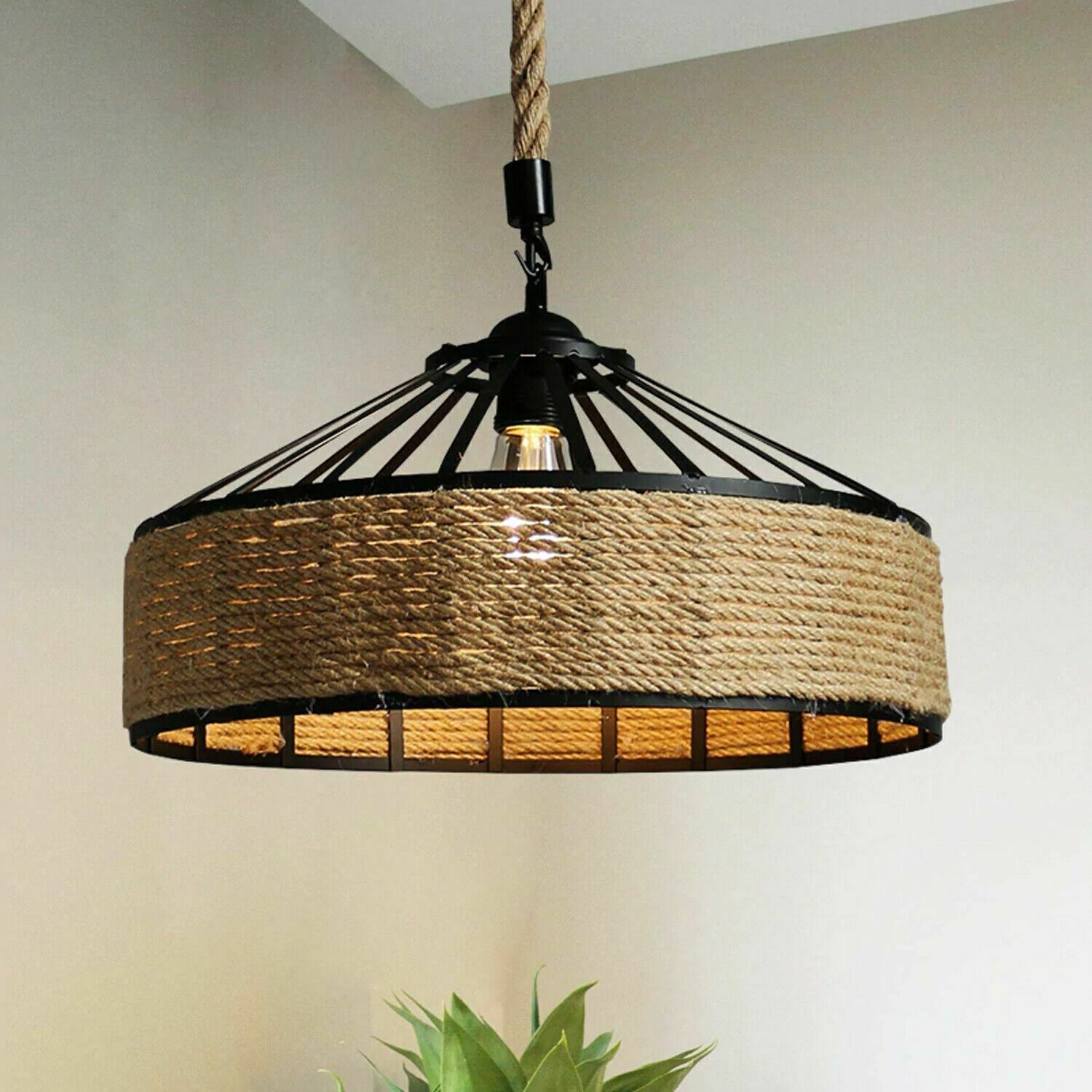 Retro Hemp Rope Pendant Light showcasing a woven hemp lampshade and iron holder, perfect for vintage-style decor.