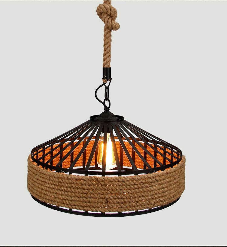 Retro Hemp Rope Pendant Light showcasing a woven hemp lampshade and iron holder, perfect for vintage-style decor.