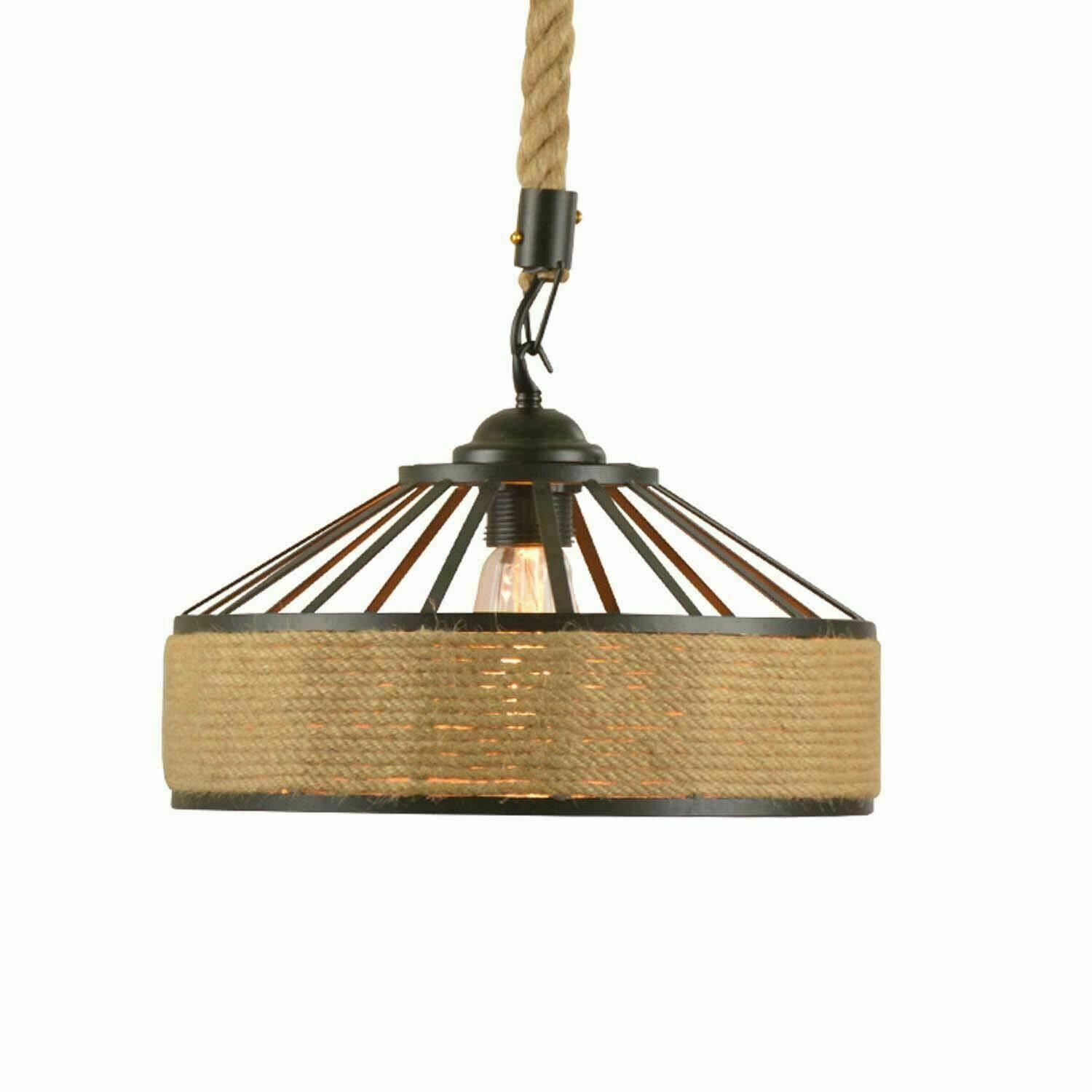 Retro Hemp Rope Pendant Light showcasing a woven hemp lampshade and iron holder, perfect for vintage-style decor.