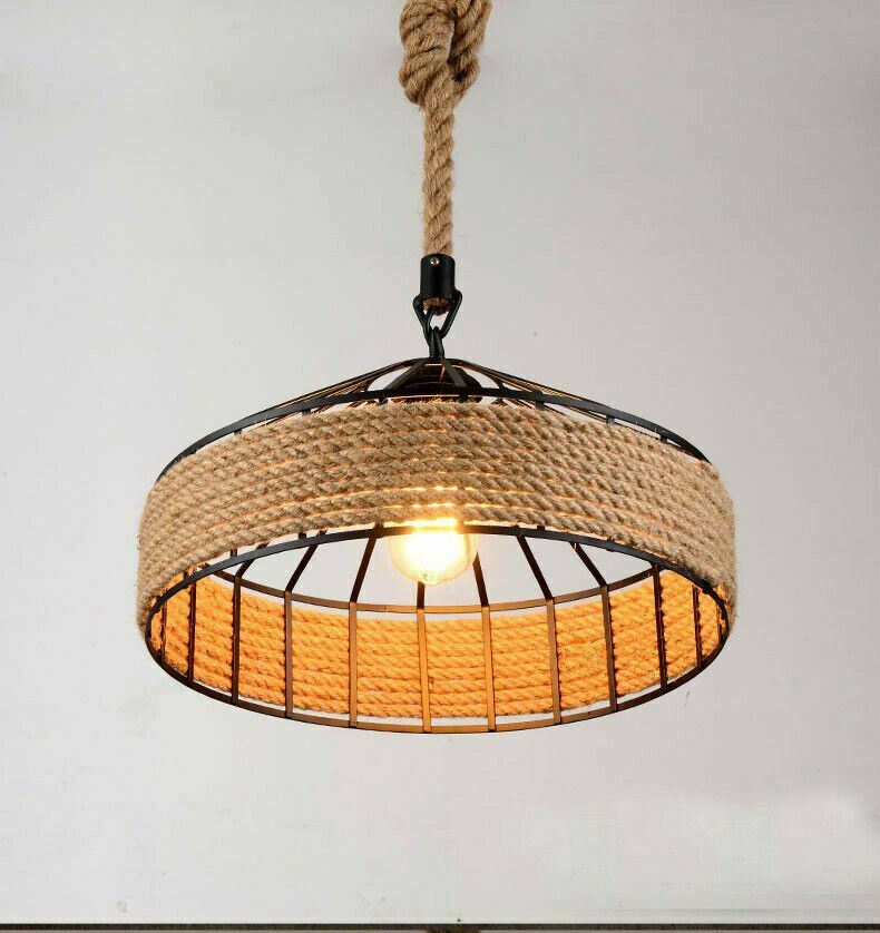 Retro Hemp Rope Pendant Light showcasing a woven hemp lampshade and iron holder, perfect for vintage-style decor.