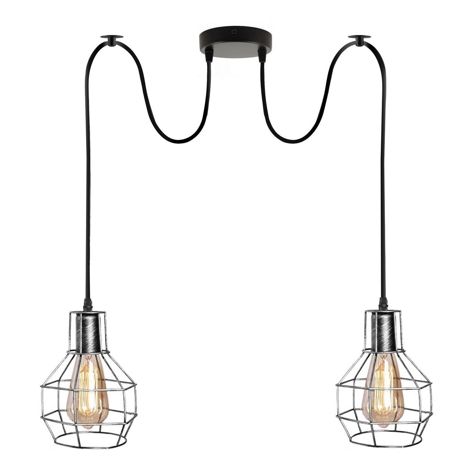 Retro Industrial 2 Way Indoor Ceiling Pendant Chandelier with metal cage design, adjustable height, and E27 lamp base, available in multiple colors.