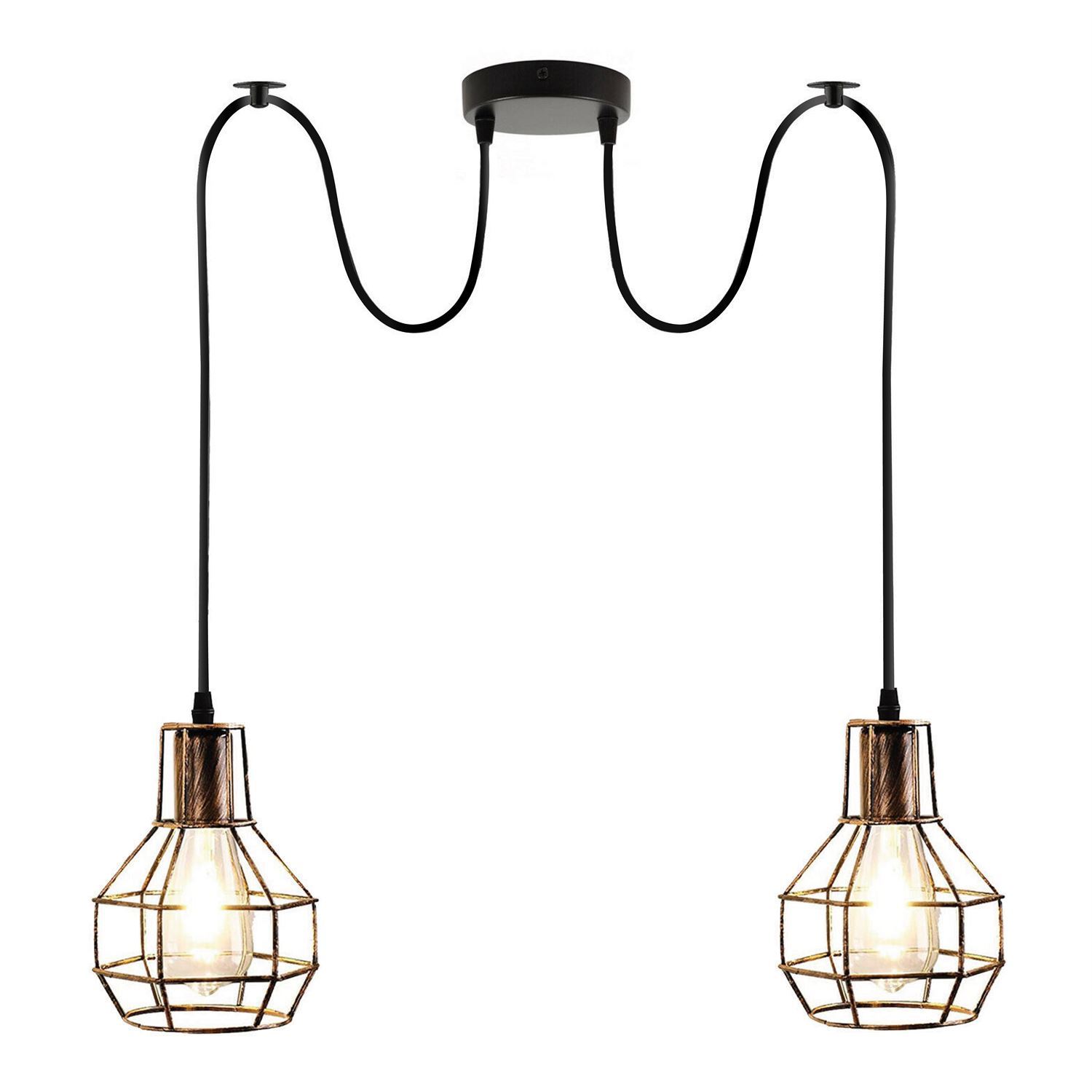 Retro Industrial 2 Way Indoor Ceiling Pendant Chandelier with metal cage design, adjustable height, and E27 lamp base, available in multiple colors.