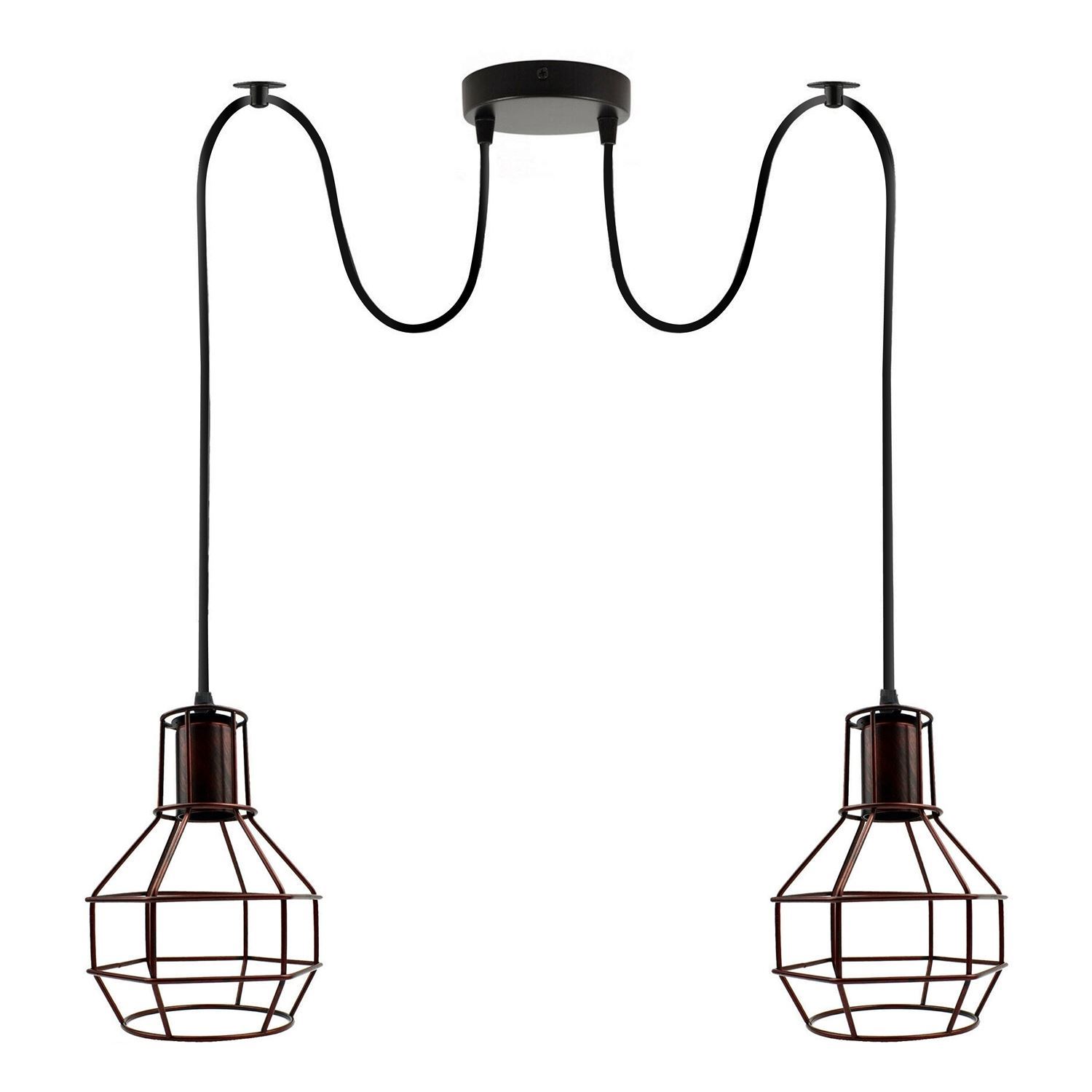 Retro Industrial 2 Way Indoor Ceiling Pendant Chandelier with metal cage design, adjustable height, and E27 lamp base, available in multiple colors.