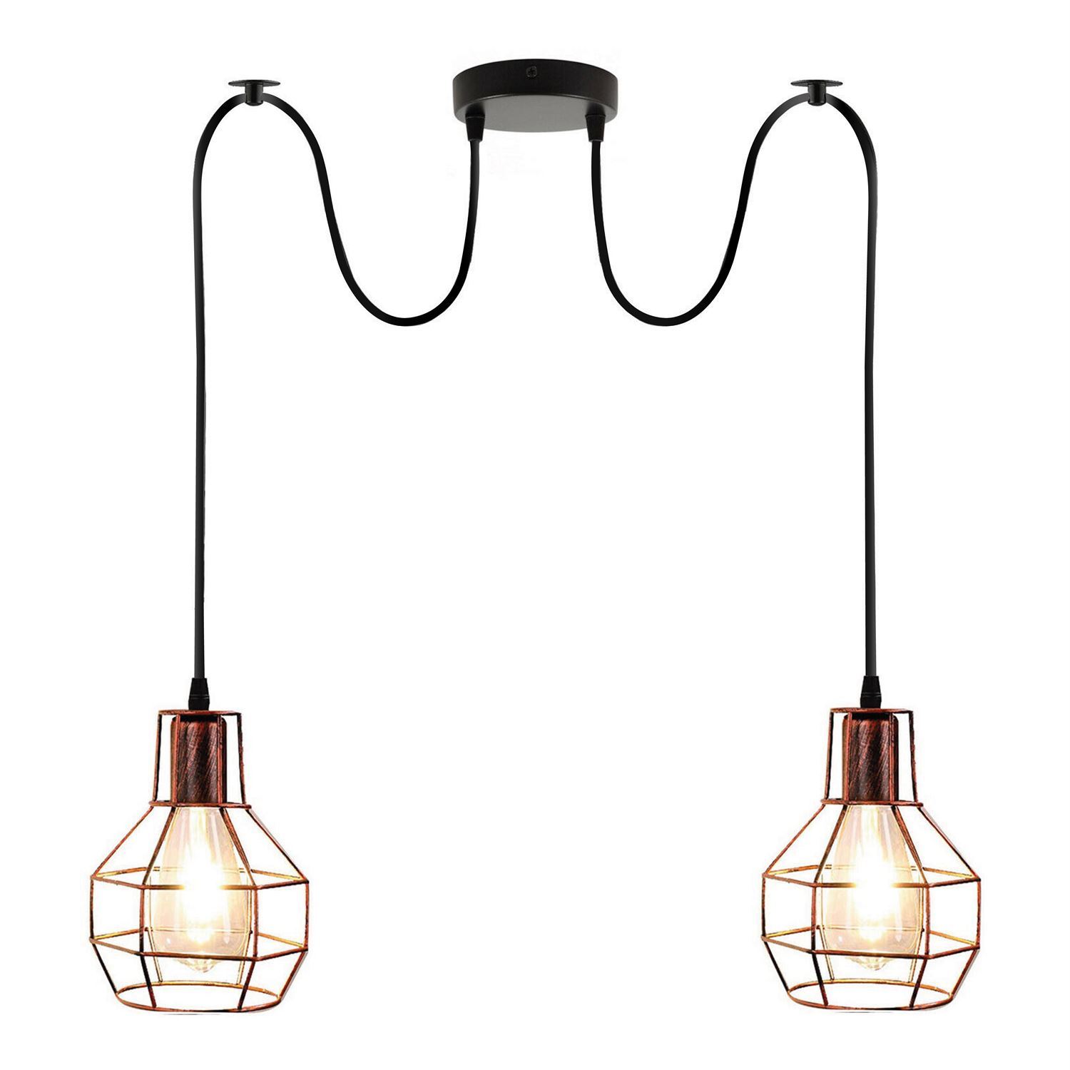 Retro Industrial 2 Way Indoor Ceiling Pendant Chandelier with metal cage design, adjustable height, and E27 lamp base, available in multiple colors.