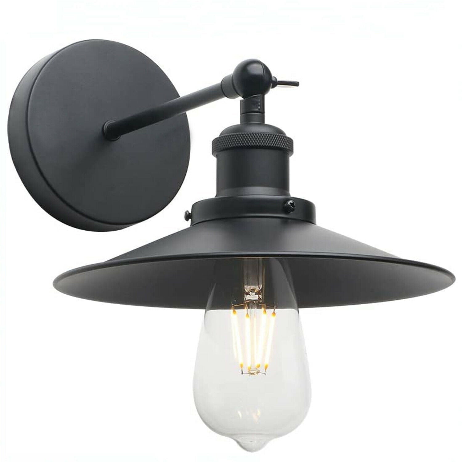 Retro Industrial Metal Wall Sconce with black arm and flat shade, perfect for home decor.
