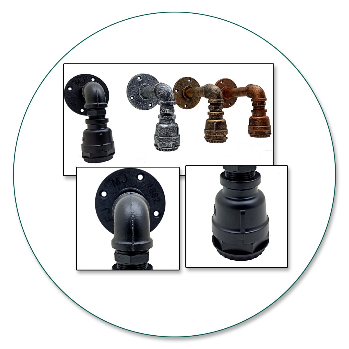 Retro industrial pipe wall light sconce with vintage design, made of metal, ideal for indoor lighting.