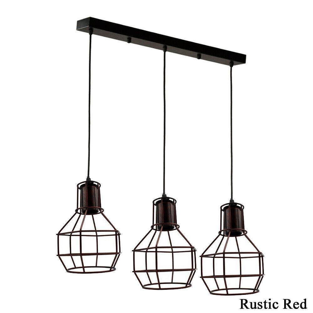 Retro Loft 3 Head Ceiling Light Shade Pendant Lamp with three E27 bulbs in Black, Brushed Silver/Copper, and Rustic Red colors.
