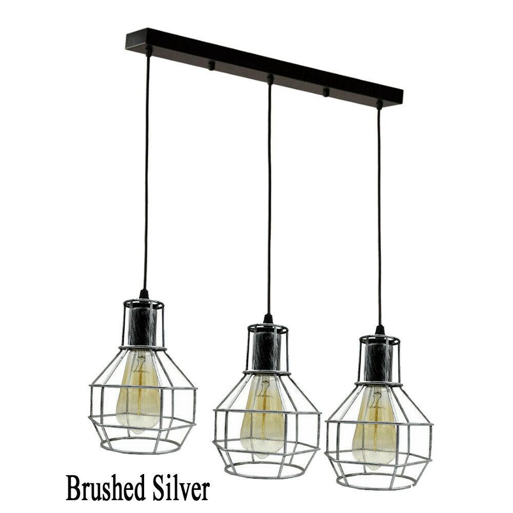 Retro Loft 3 Head Ceiling Light Shade Pendant Lamp with three E27 bulbs in Black, Brushed Silver/Copper, and Rustic Red colors.