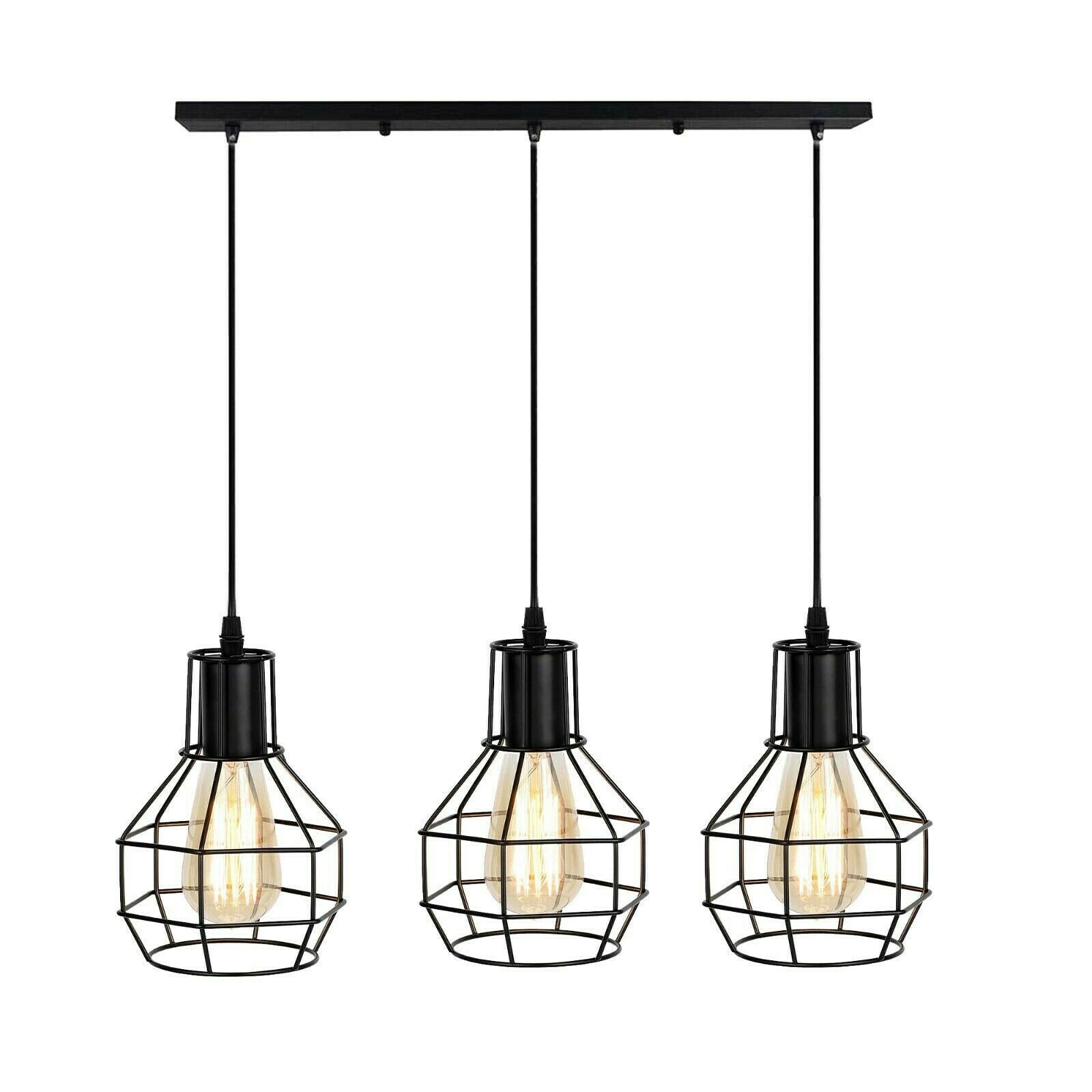 Retro Loft 3 Head Ceiling Light Shade Pendant Lamp with three E27 bulbs in Black, Brushed Silver/Copper, and Rustic Red colors.