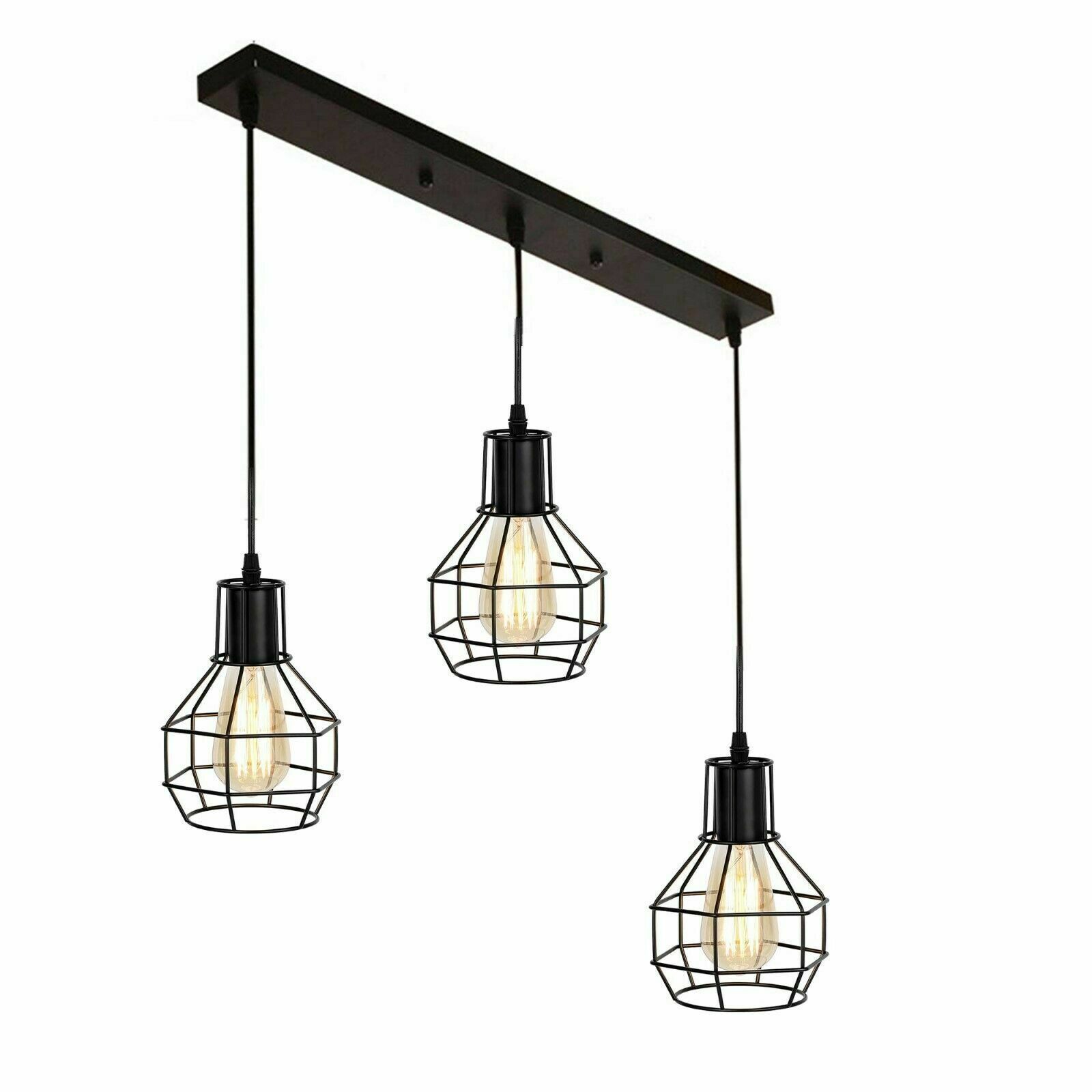 Retro Loft 3 Head Ceiling Light Shade Pendant Lamp with three E27 bulbs in Black, Brushed Silver/Copper, and Rustic Red colors.