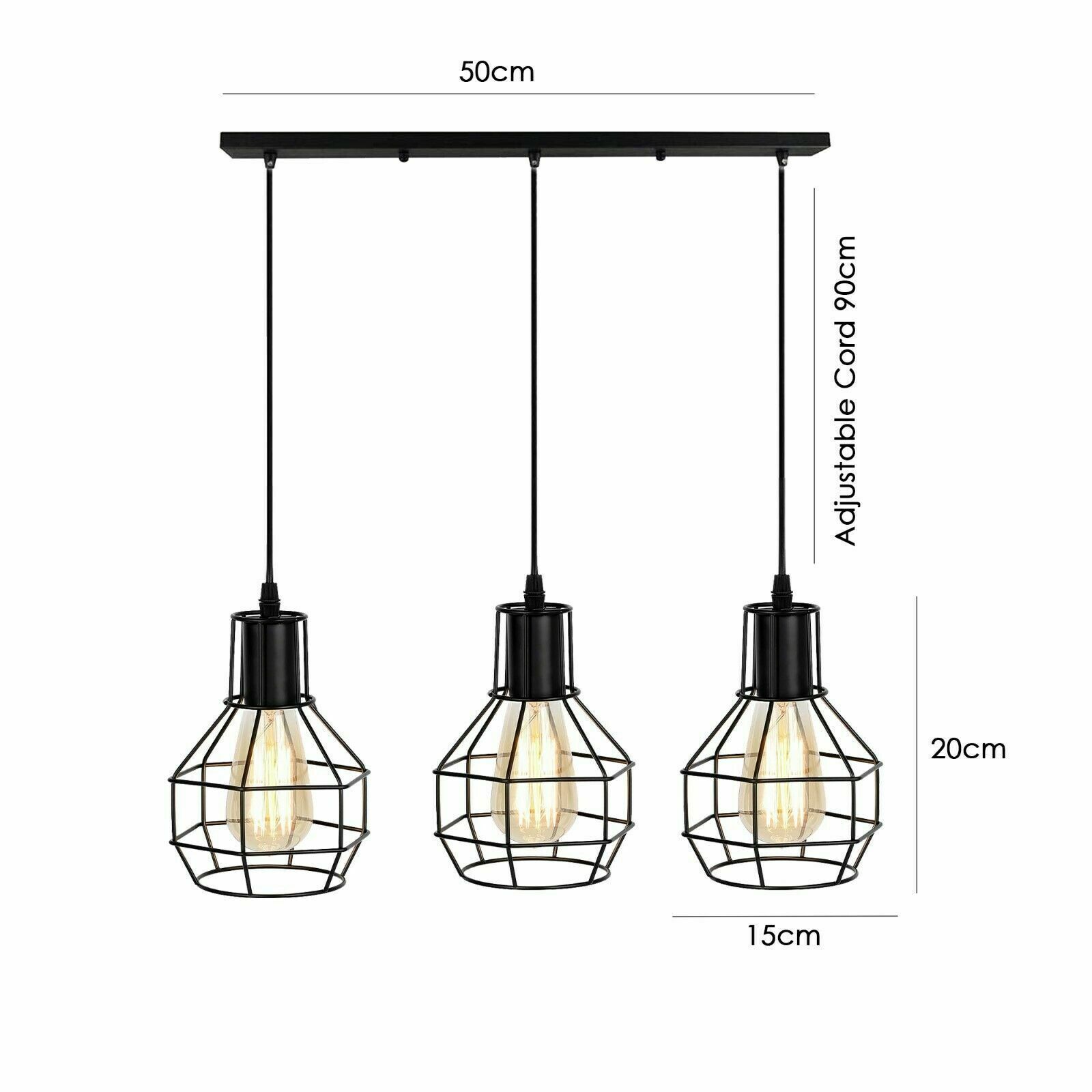 Retro Loft 3 Head Ceiling Light Shade Pendant Lamp with three E27 bulbs in Black, Brushed Silver/Copper, and Rustic Red colors.