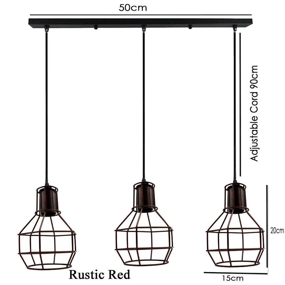 Retro Loft 3 Head Ceiling Light Shade Pendant Lamp with three E27 bulbs in Black, Brushed Silver/Copper, and Rustic Red colors.