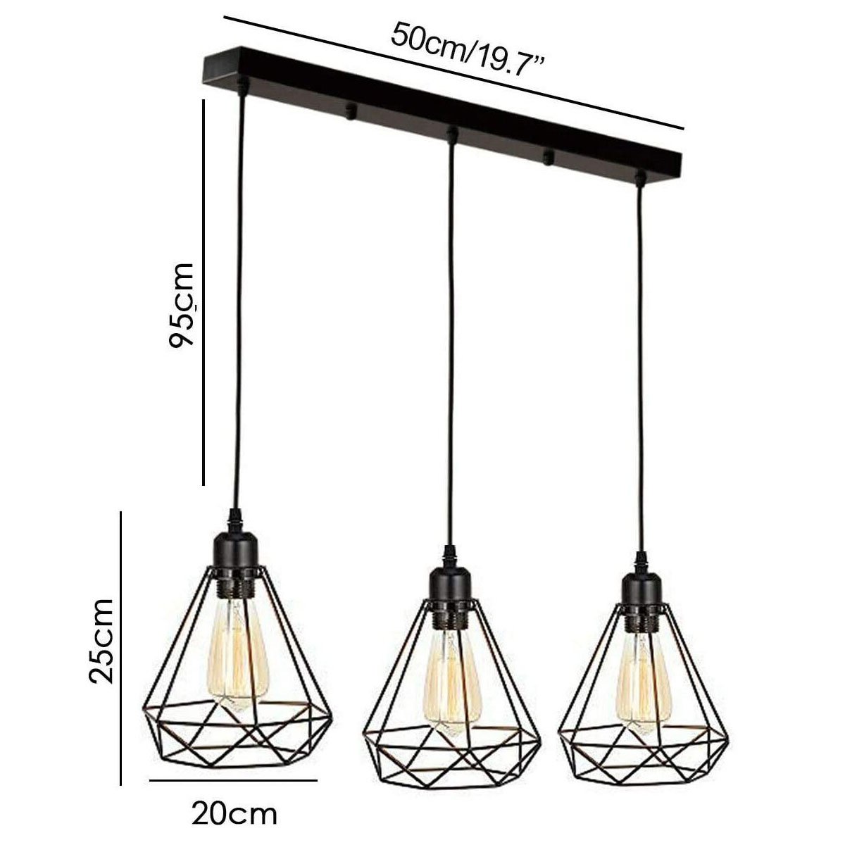 Retro Loft 3 Head Ceiling Light Shade Pendant Lamp with three E27 bulbs in Black, Brushed Silver/Copper, and Rustic Red colors.