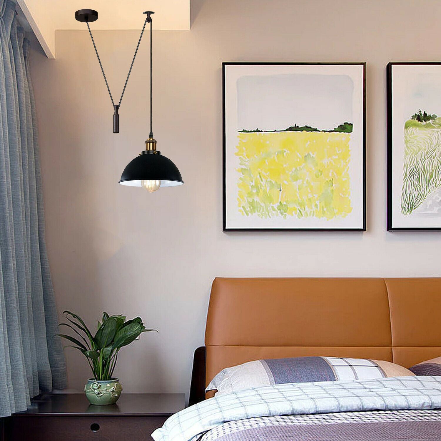 Retro Loft Adjustable Antique Metal Pendant Ceiling Light with black finish and adjustable height, perfect for stylish ambient lighting.