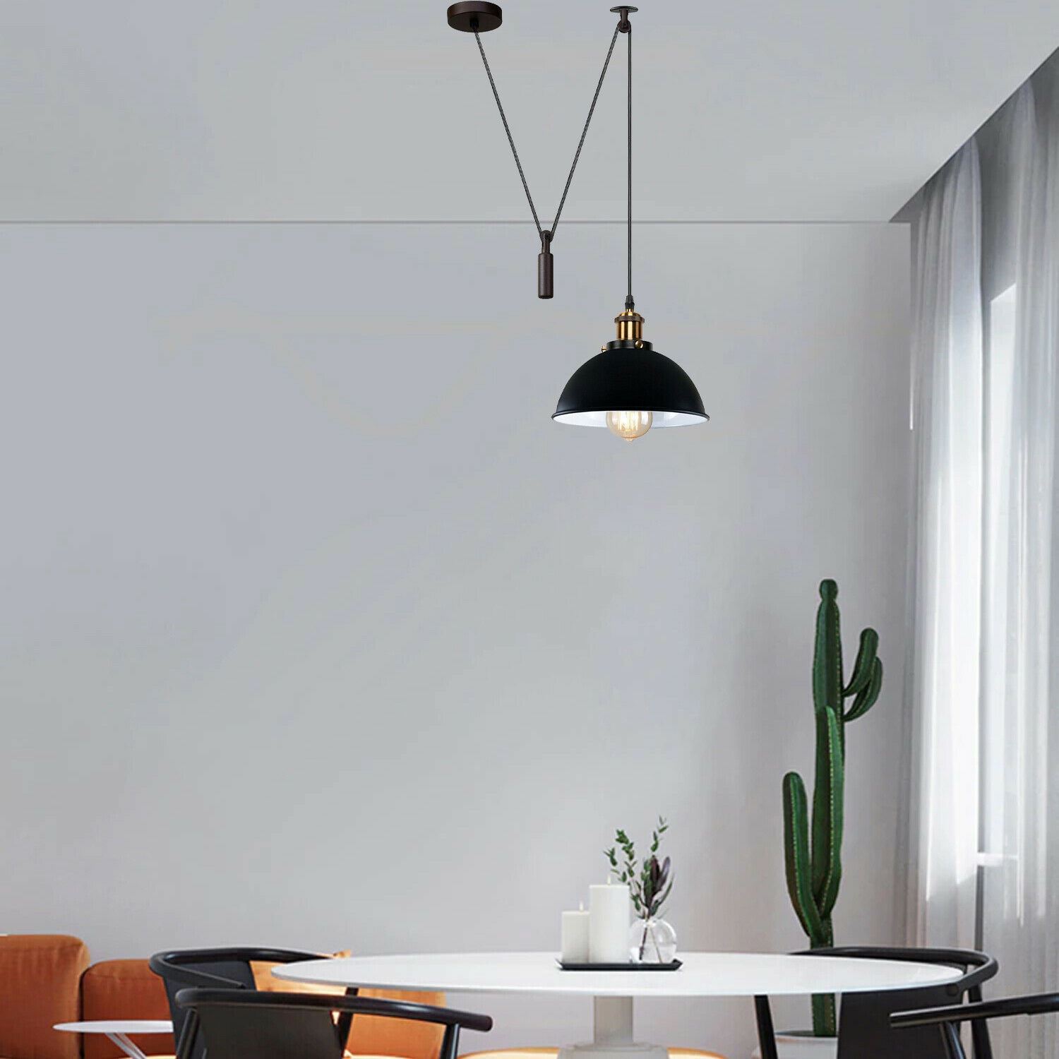 Retro Loft Adjustable Antique Metal Pendant Ceiling Light with black finish and adjustable height, perfect for stylish ambient lighting.