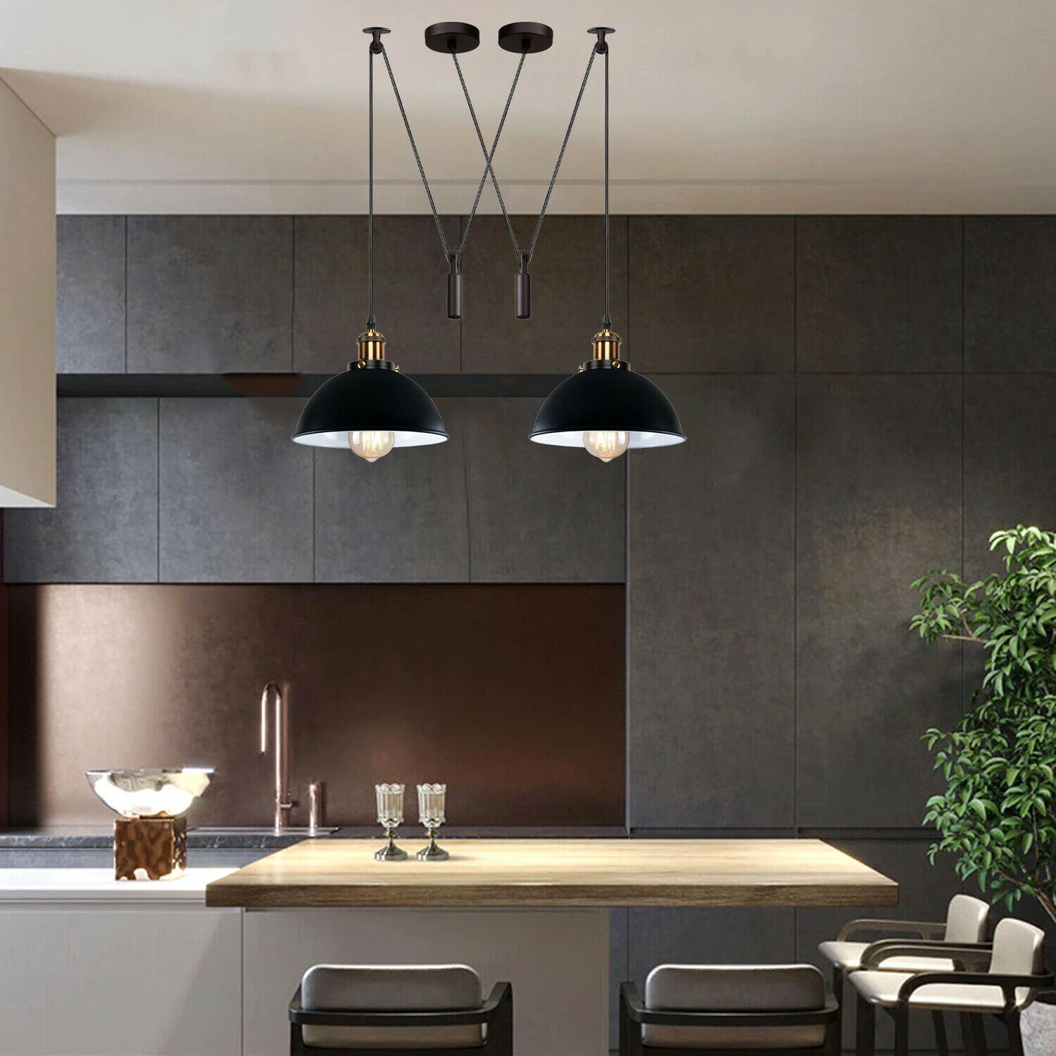 Retro Loft Adjustable Antique Metal Pendant Ceiling Light with black finish and adjustable height, perfect for stylish ambient lighting.