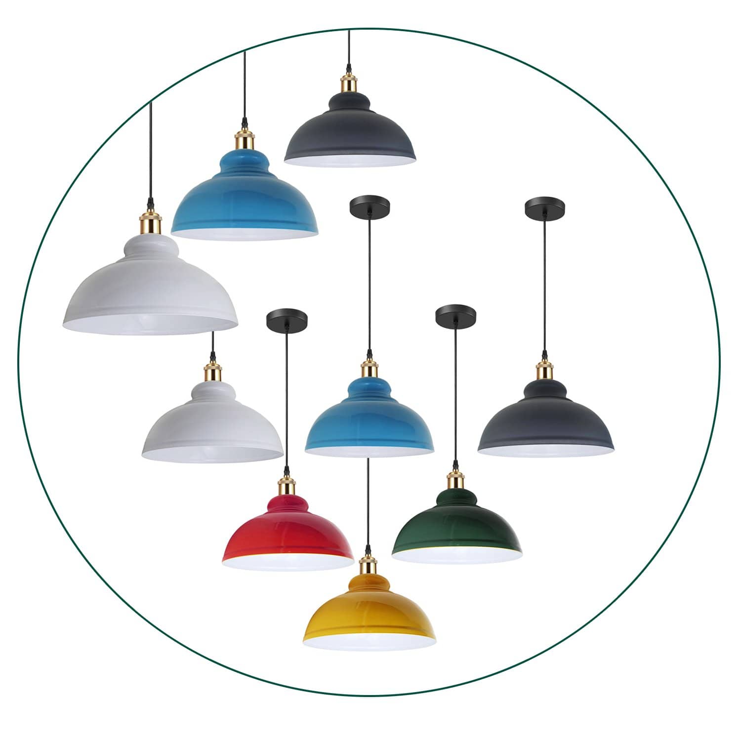 Retro pendant light shade in vibrant colors, showcasing a sleek dome design suitable for vintage industrial decor.