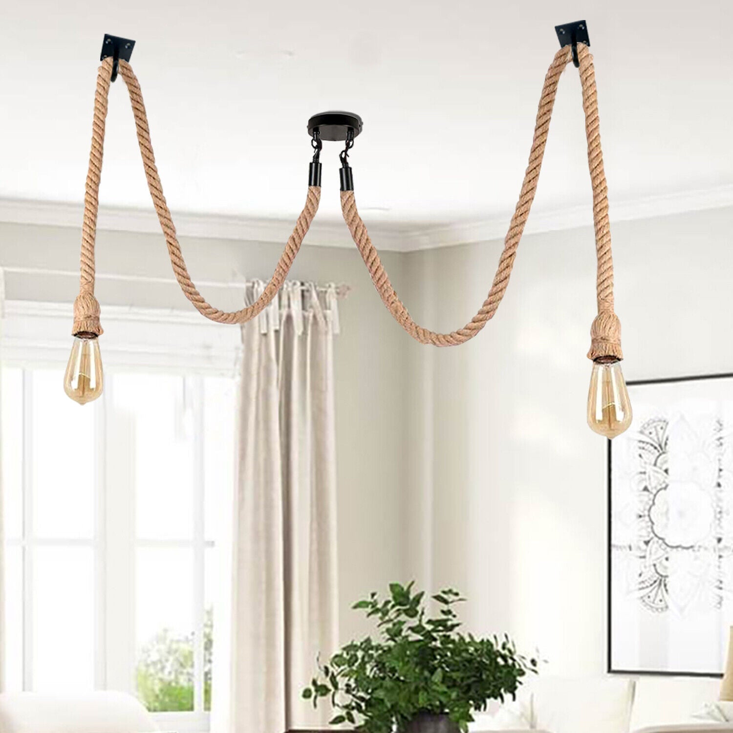 Industrial vintage Ratio Hemp Spider Chandelier with E27 holder, featuring black metal and natural hemp design, perfect for stylish lighting.
