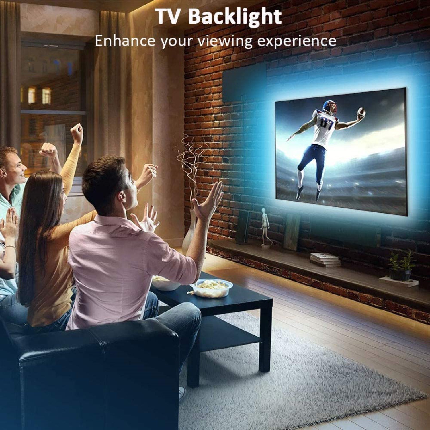 RGB TV LED Backlight Strip showcasing vibrant colors and Bluetooth control, ideal for enhancing home entertainment.