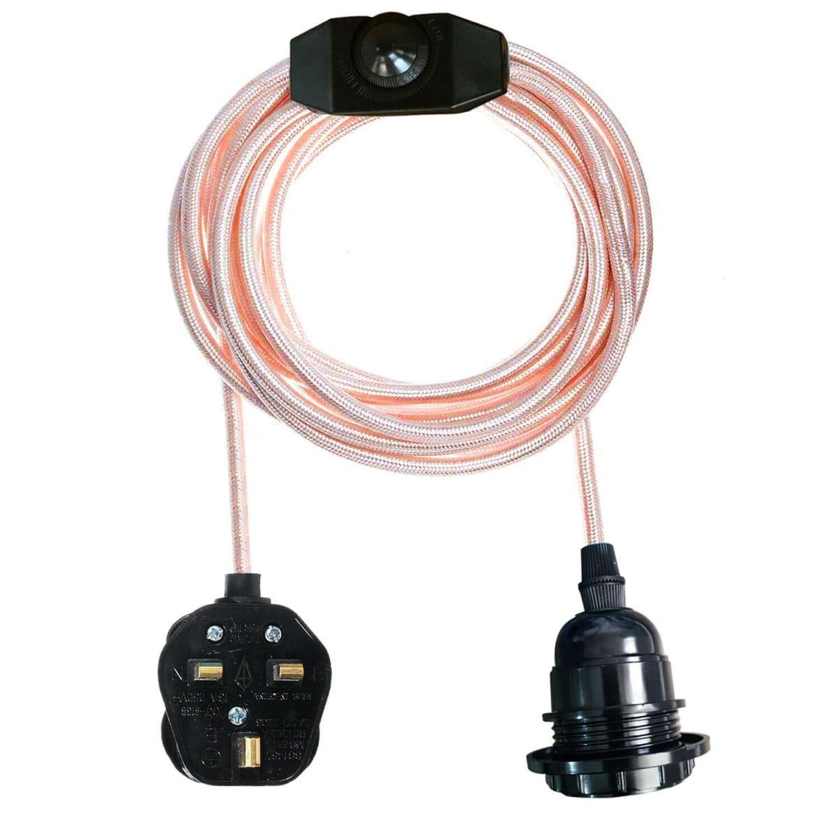 Rose Gold Color Dimmer Switch with 4.5m Fabric Flex Cable, UK plug, perfect for stylish lighting solutions.