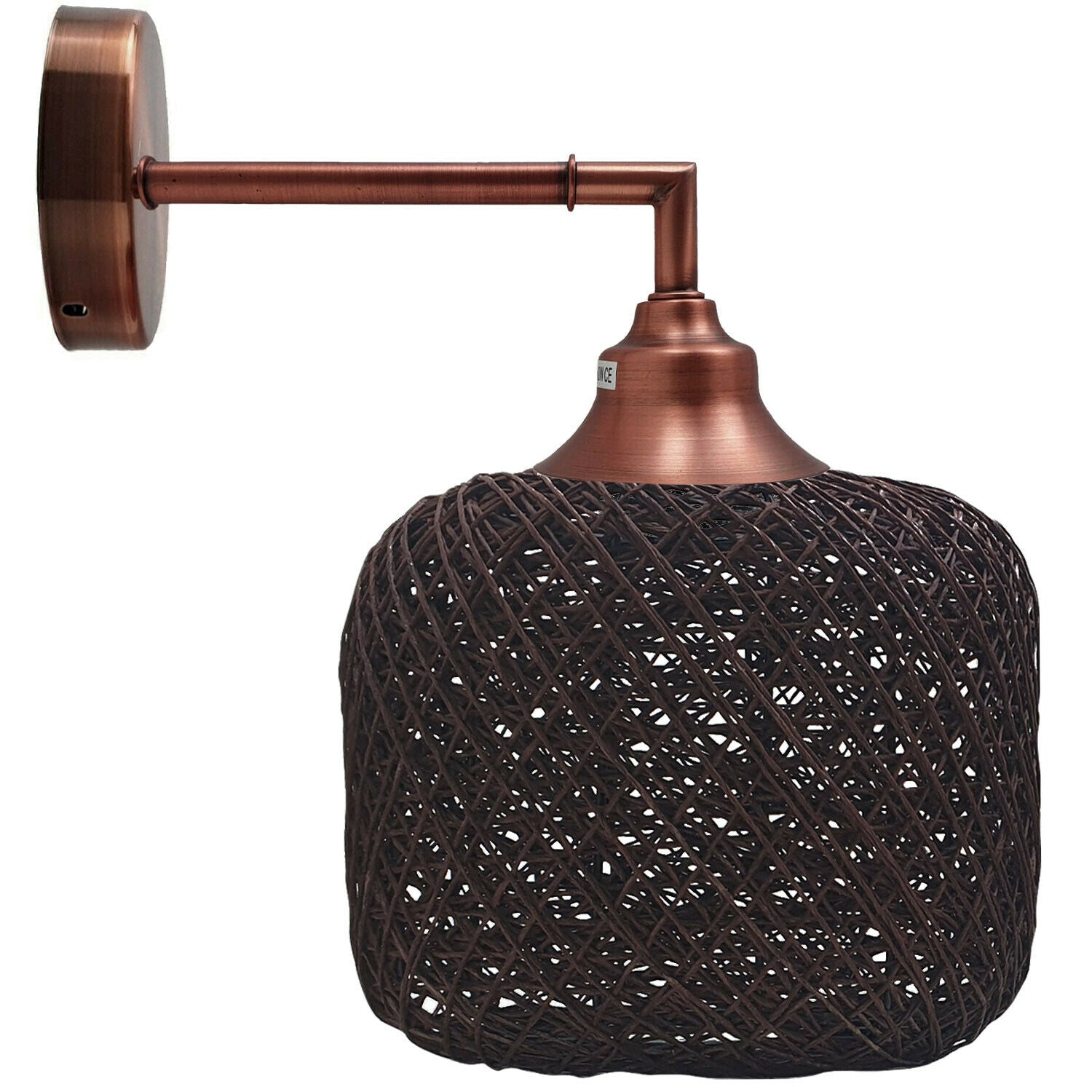 Rustic Rattan Wall Lamp featuring a stylish rattan shade and iron frame, perfect for indoor lighting.