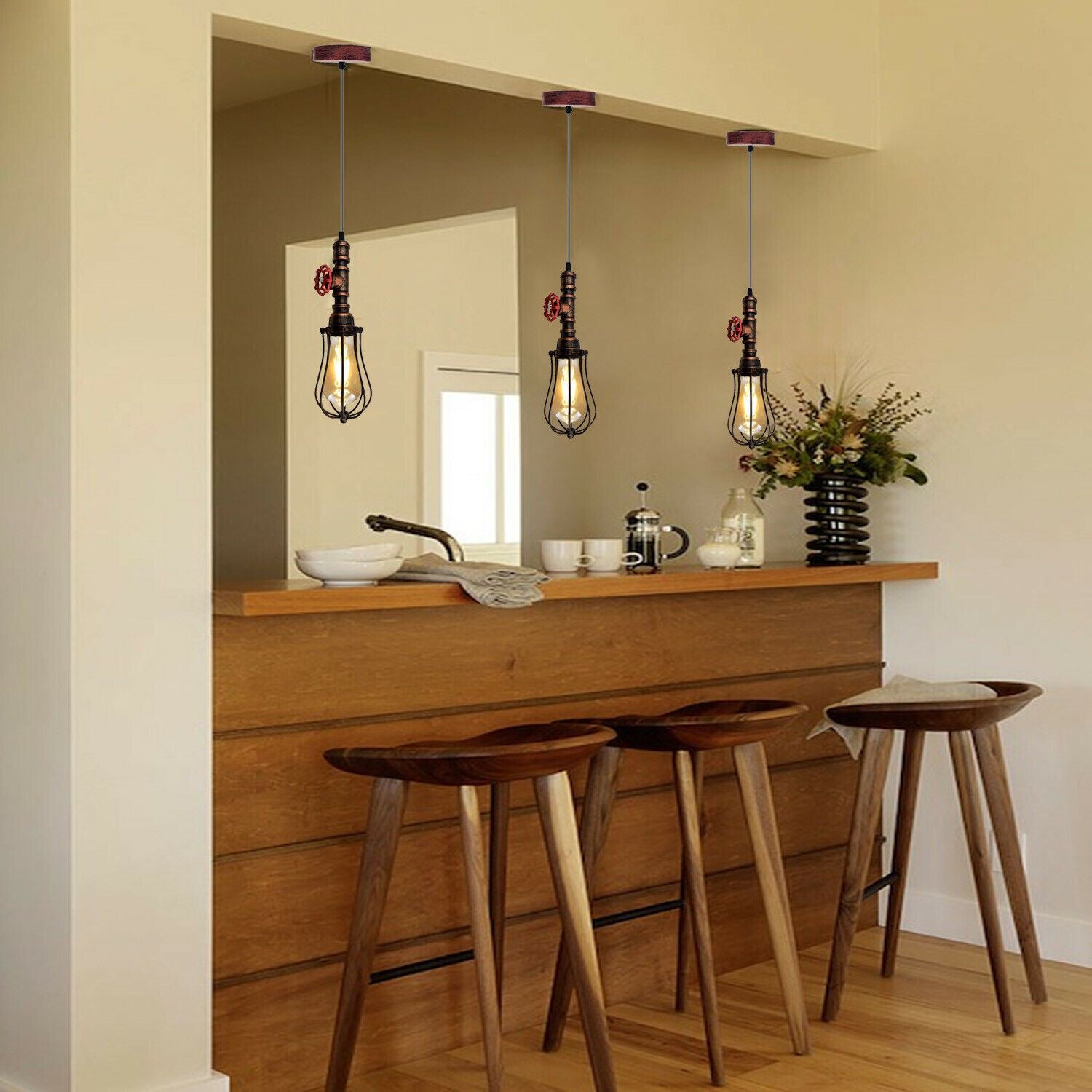 Rustic Red Pendant Light featuring a vintage industrial cage design, perfect for steampunk decor.
