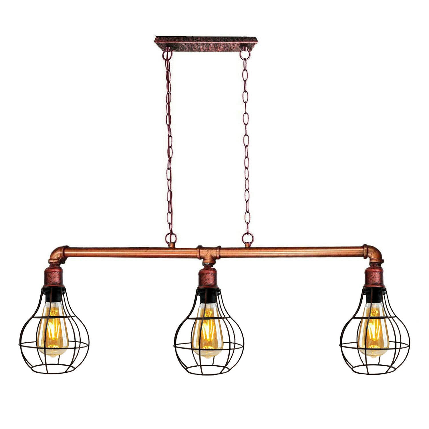 Rustic Red Retro Pendant Pipe Light featuring three E27 bulb holders and a vintage industrial design, perfect for home or workspace.