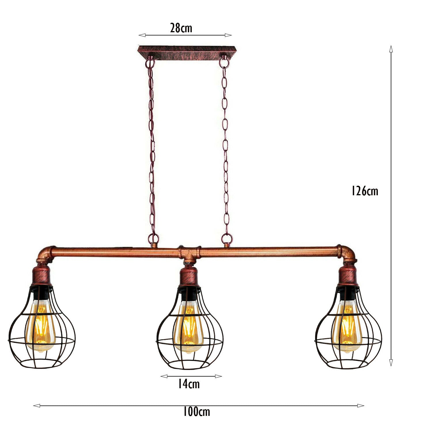 Rustic Red Retro Pendant Pipe Light featuring three E27 bulb holders and a vintage industrial design, perfect for home or workspace.