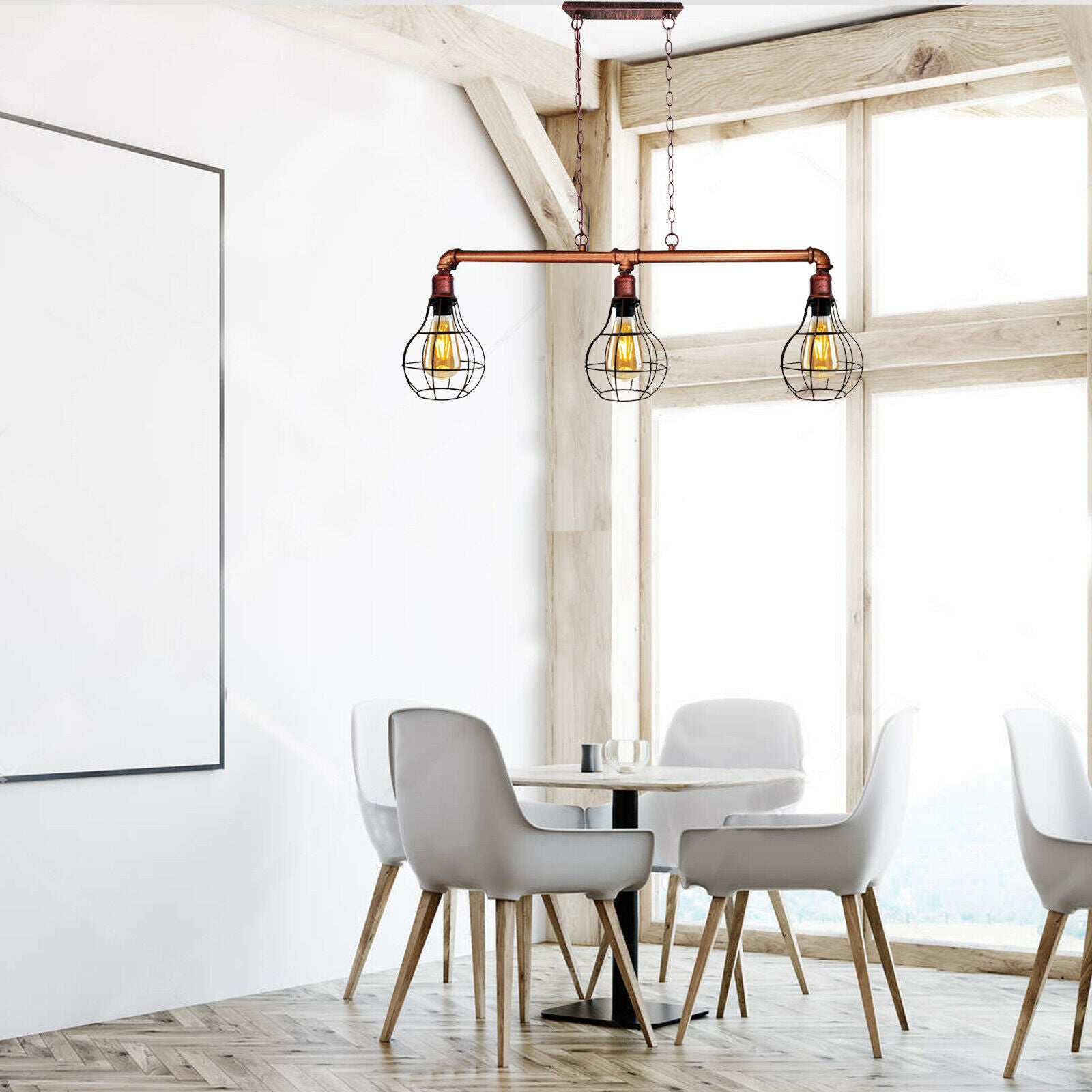 Rustic Red Retro Pendant Pipe Light featuring three E27 bulb holders and a vintage industrial design, perfect for home or workspace.