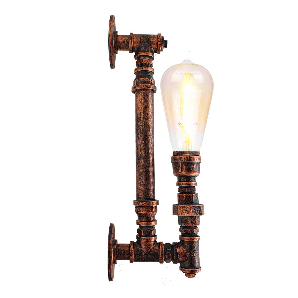 Rustic Red Steampunk Wall Sconce featuring an industrial design with a vintage water pipe look, perfect for home or commercial use.