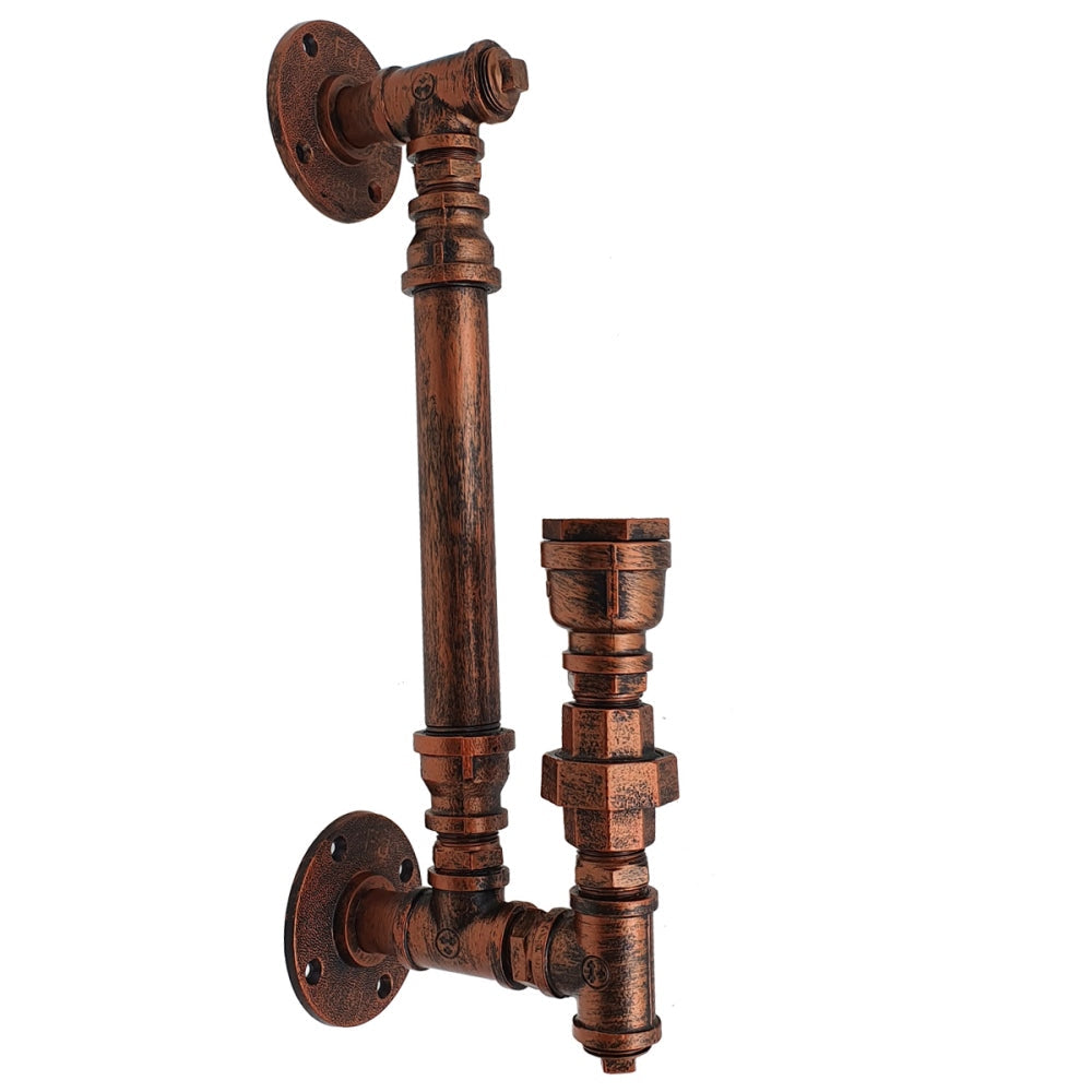 Rustic Red Steampunk Wall Sconce featuring an industrial design with a vintage water pipe look, perfect for home or commercial use.
