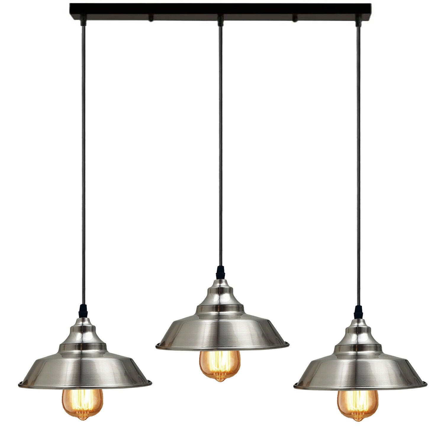 Satin Nickel Multi Outlet Ceiling Pendant Kits featuring three vintage lampshades and adjustable flexes for modern lighting decor.